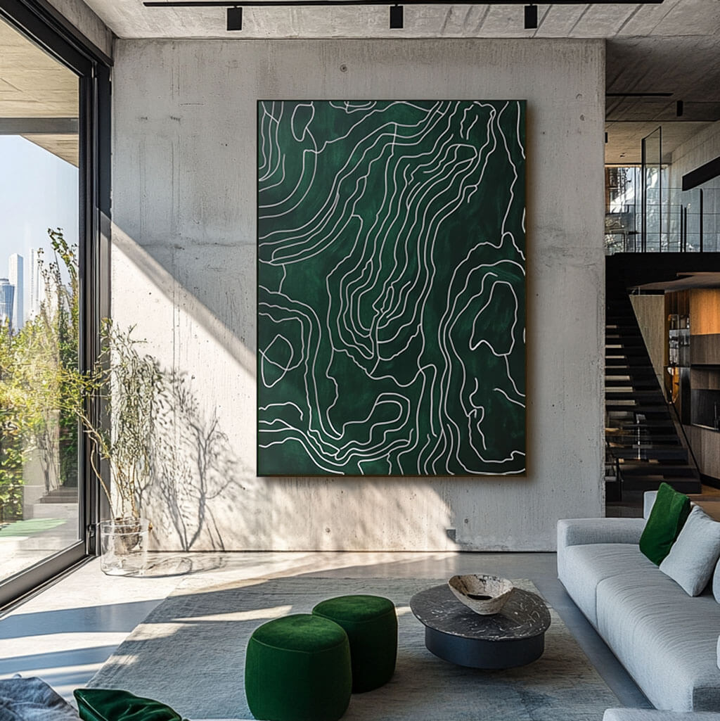 Emerald Green & White Line Art | High Contrast Abstract Painting #AA 243