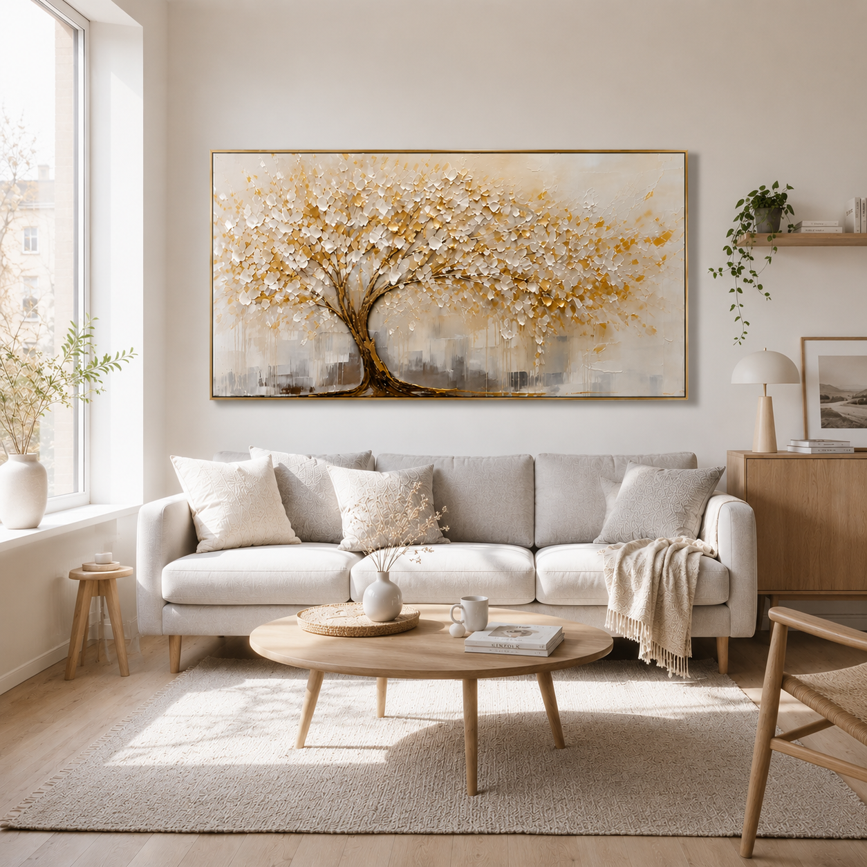 Golden Serenity Tree – White Blossom Textured Wall Art