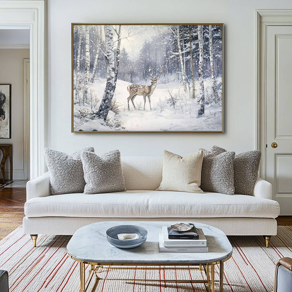 Deer in Snow Painting | Winter Forest Landscape Wall Art #AA 244