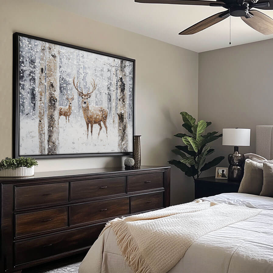 Deer in Snow Painting | Winter Forest Landscape Wall Art #AA 164