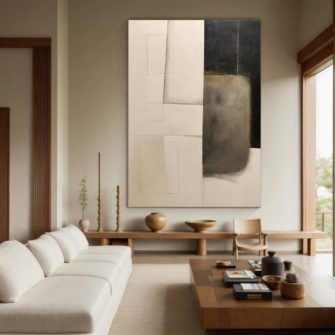 Minimalist Abstract Oil Painting - Beige Black Geometric Canvas Art #JJ 001