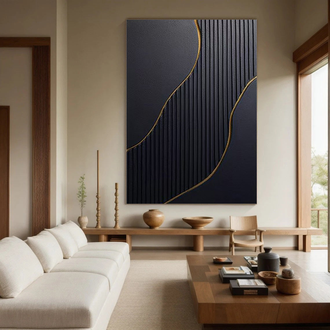 Textured Black and Gold Abstract Art | Modern Linear Canvas Painting #JJ 057