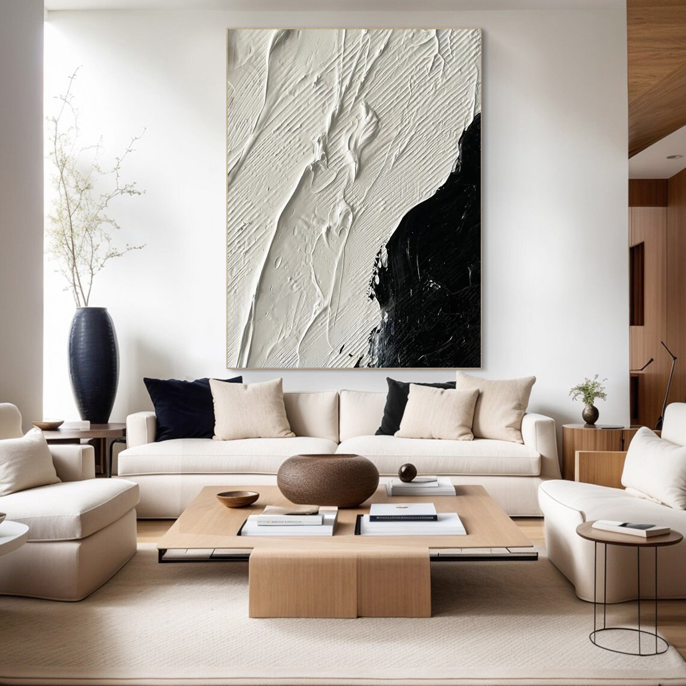 Black and White Textured Abstract Oil Painting - Modern Minimalist #JJ 056