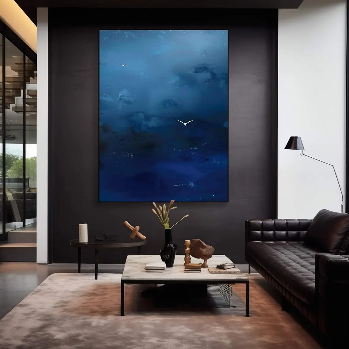 Deep Blue Abstract Oil Painting with Flying Birds Wall Art #TC 028