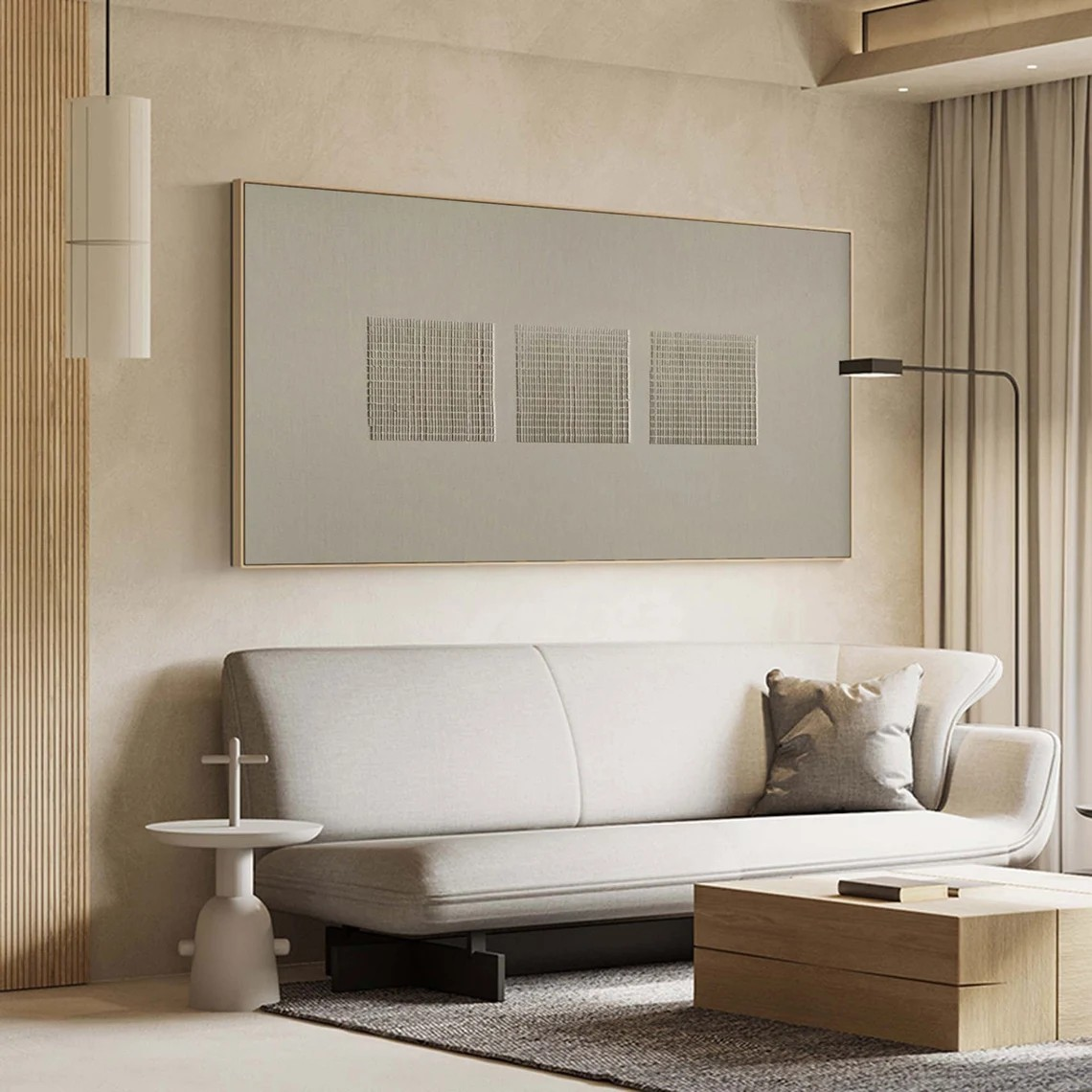 Modern Beige Wabi Sabi Art with Textured Grid for Room Decor #TC 020
