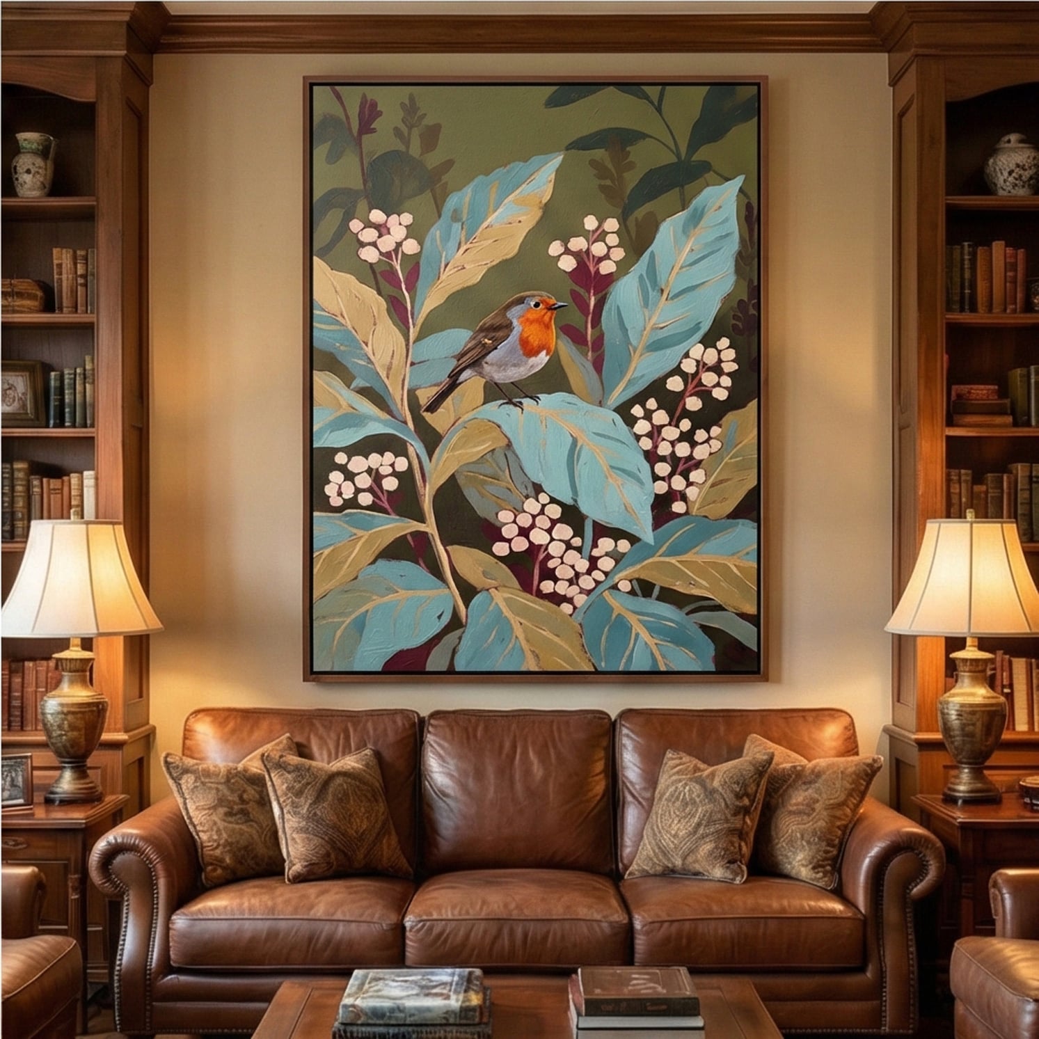Robin in the Garden – Vintage Botanical Bird Wall Art for Cozy Cottage Interiors