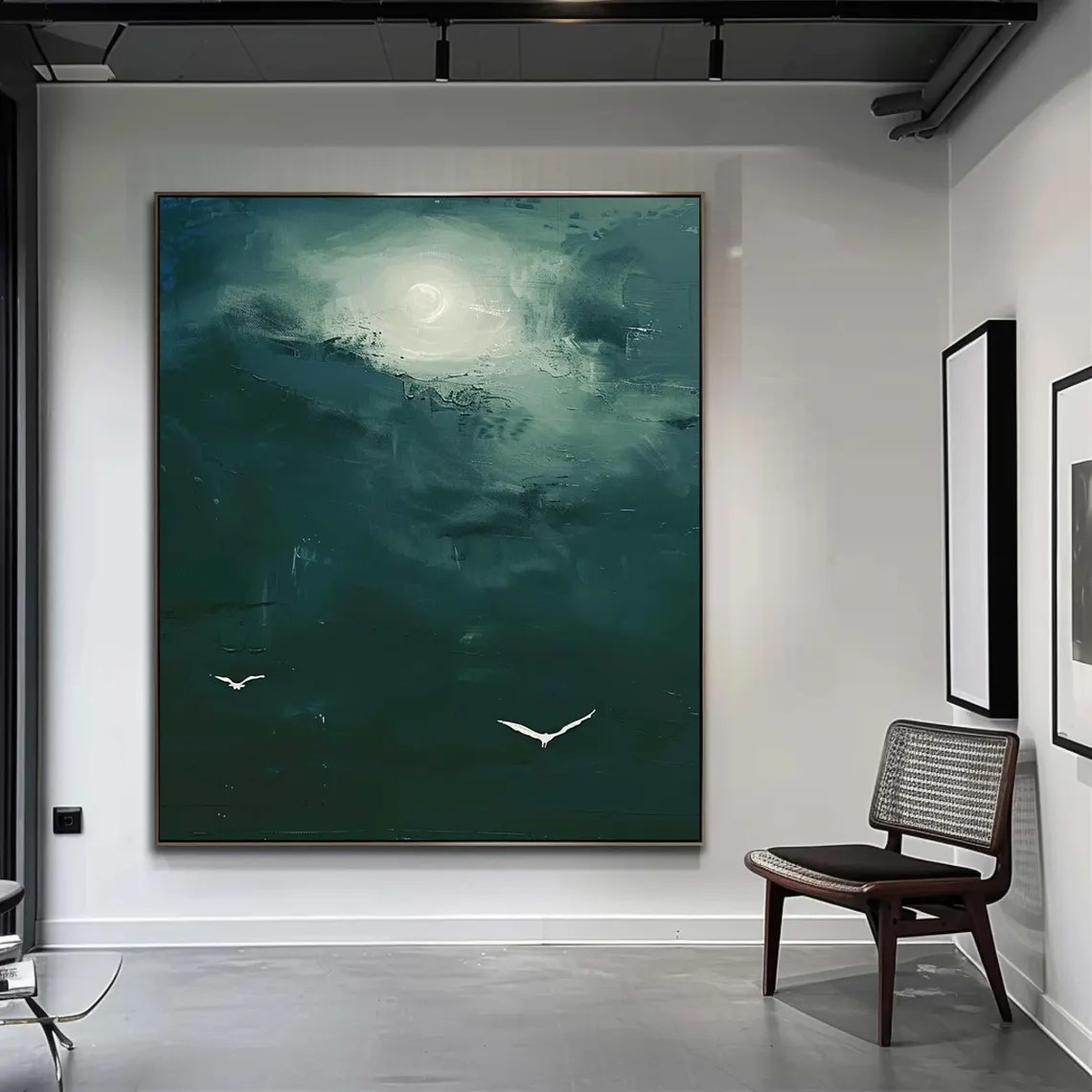 Dark Teal Abstract Oil Painting with Moon and Birds Wall Art #TC 029
