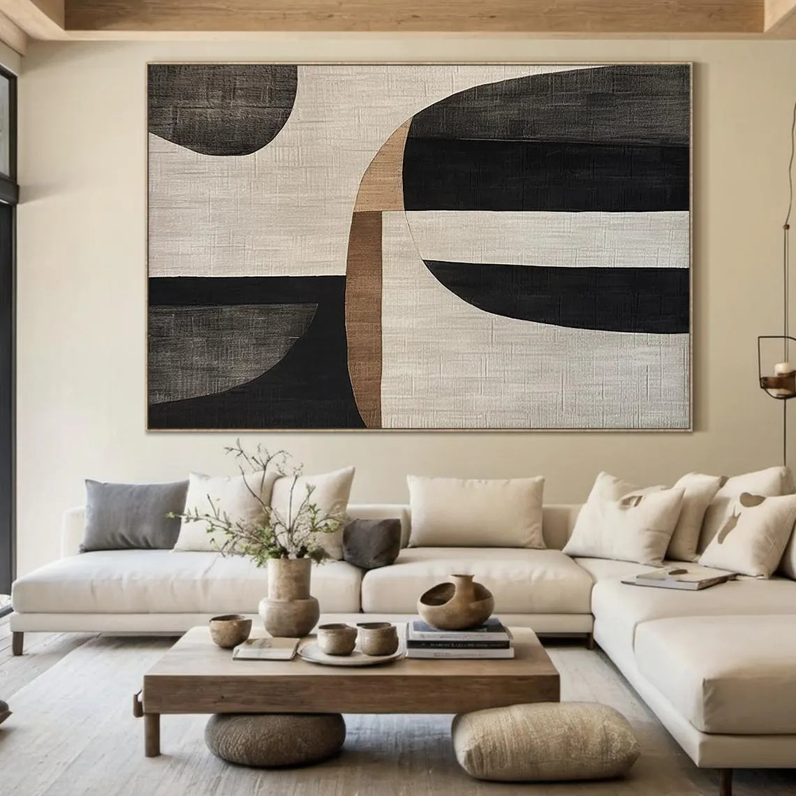 Geometric Abstract Art - Black White Beige Wall Painting #TC 055