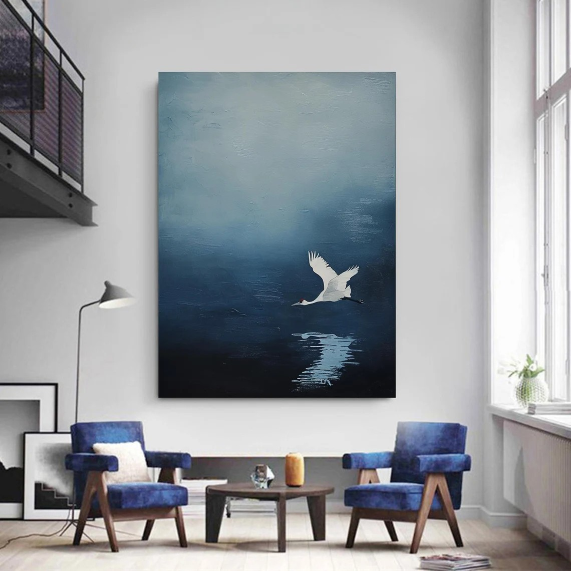 Handmade Blue Abstract Oil Painting with Crane Modern Decor #TC 030