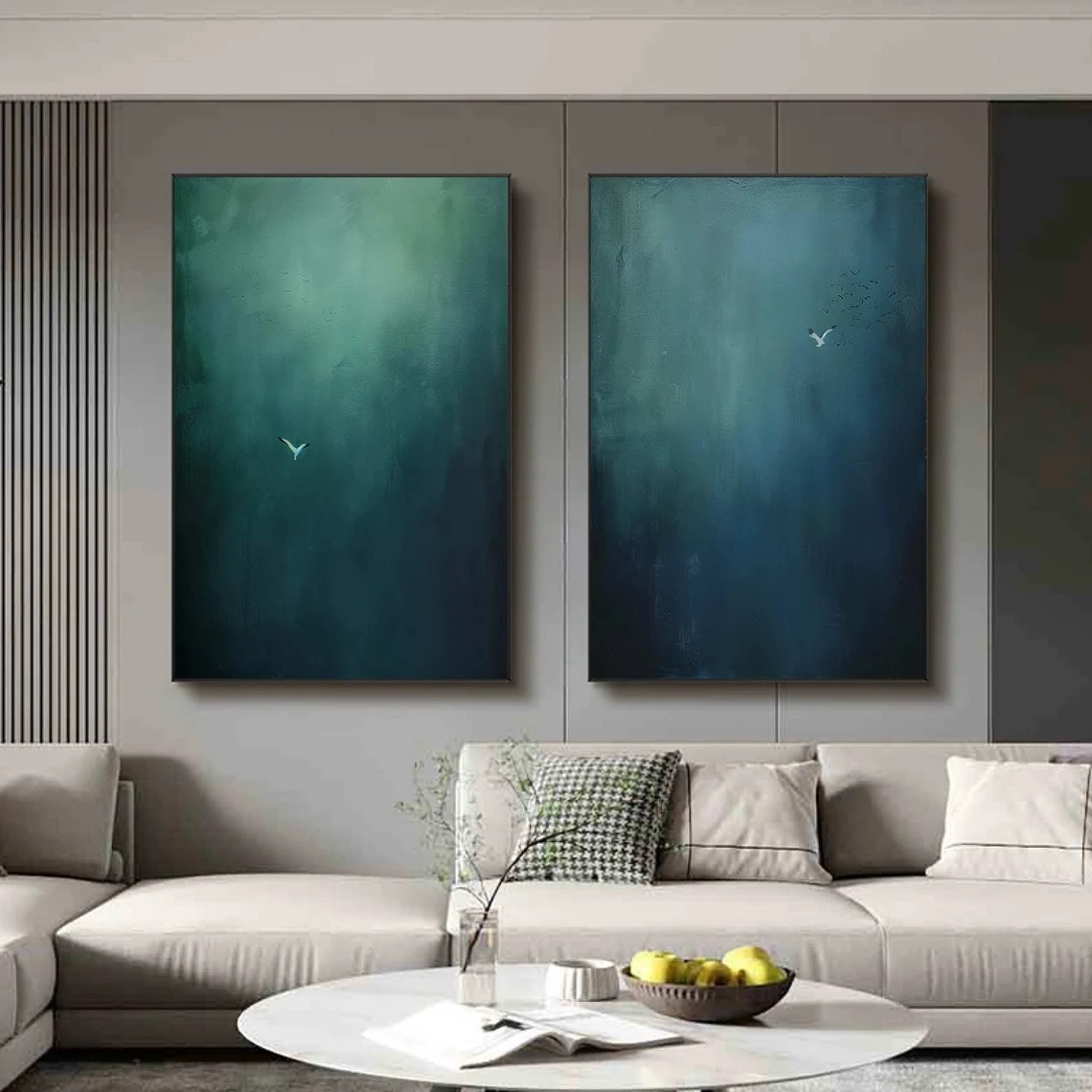 Large Abstract Oil Painting Diptych Hand-Painted Blue Green Sky/Ocean Art | # TC 010