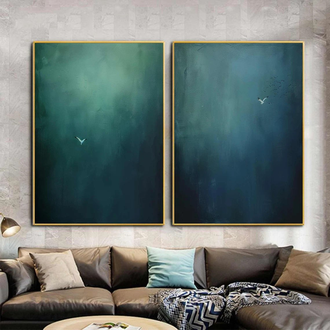 Large Abstract Oil Painting Diptych Hand-Painted Blue Green Sky/Ocean Art | # TC 010