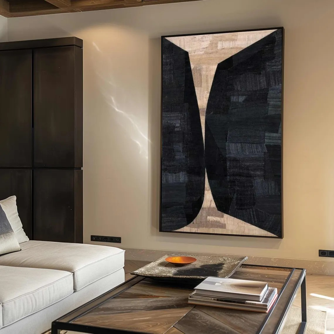 Large Vertical Modern Geometric Art - Black & Beige Contrast #TC 049