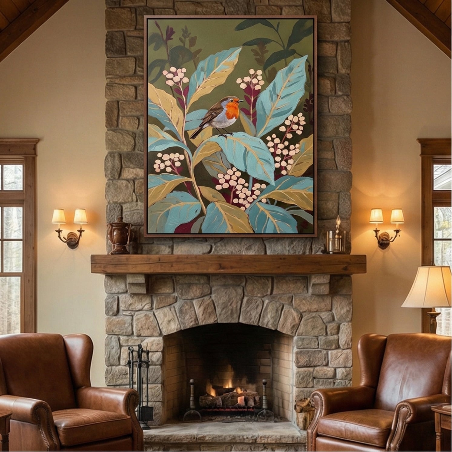 Robin in the Garden – Vintage Botanical Bird Wall Art for Cozy Cottage Interiors