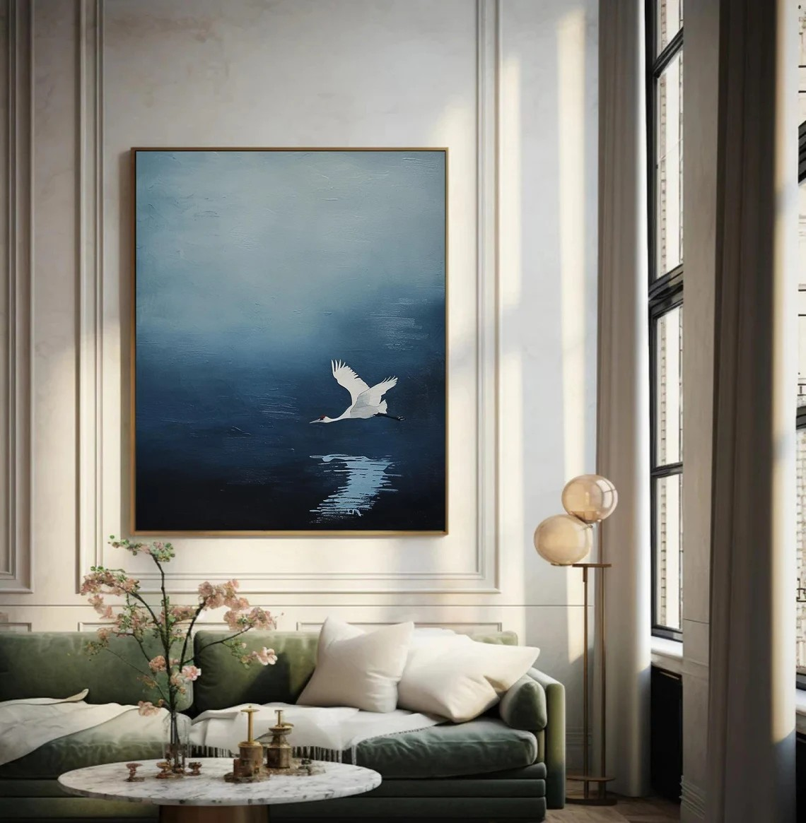 Handmade Blue Abstract Oil Painting with Crane Modern Decor #TC 030