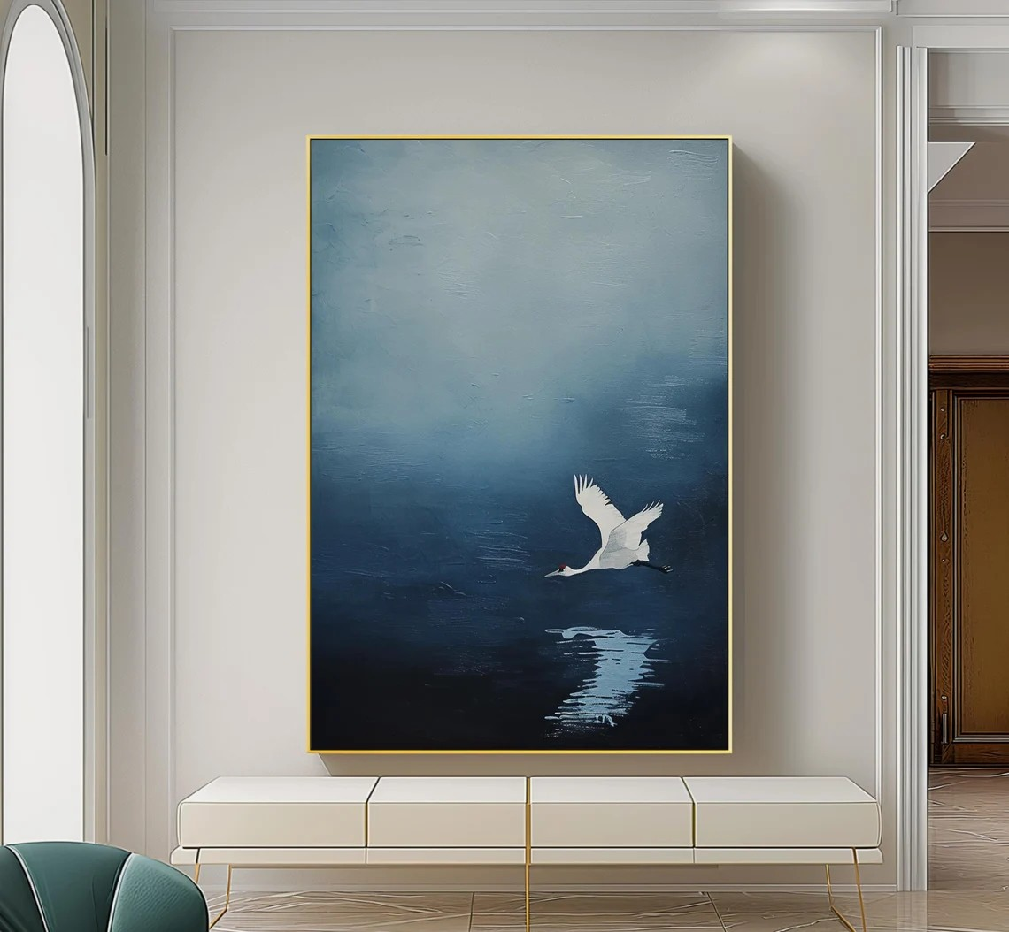 Handmade Blue Abstract Oil Painting with Crane Modern Decor #TC 030