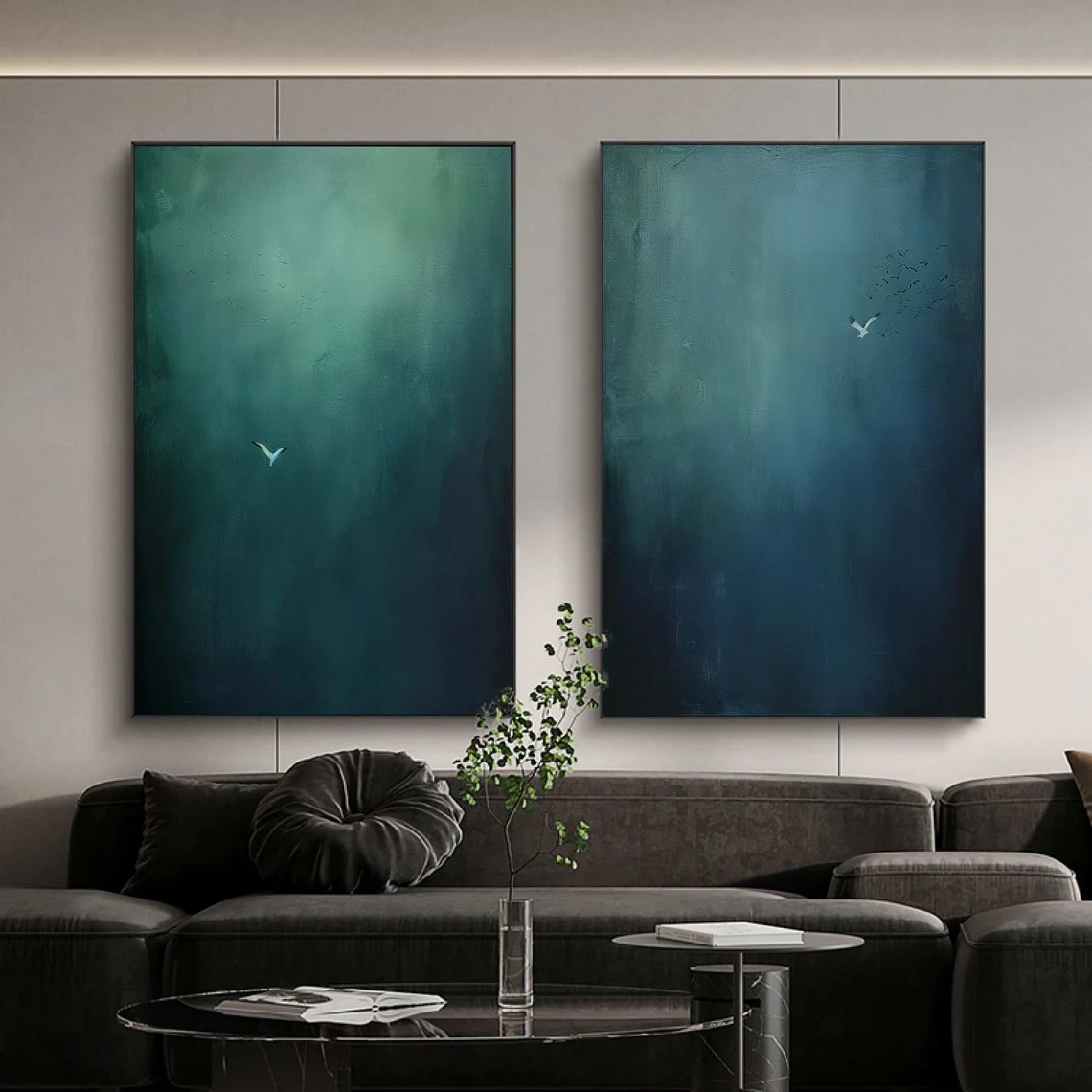 Large Abstract Oil Painting Diptych Hand-Painted Blue Green Sky/Ocean Art | # TC 010