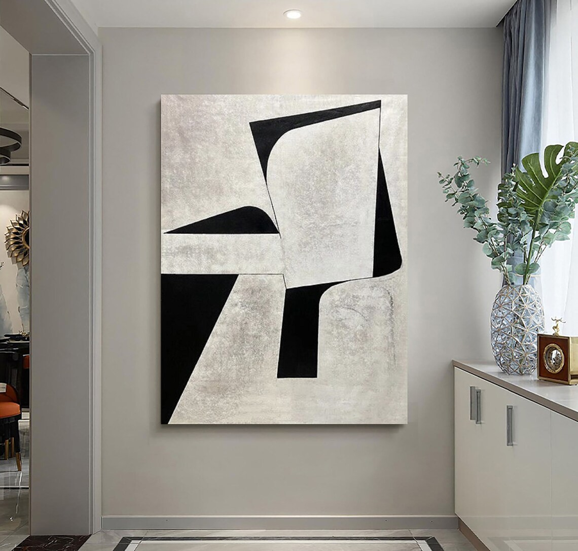Black & Grey Geometric Abstract Oil Painting - Modern Art #JJ 045