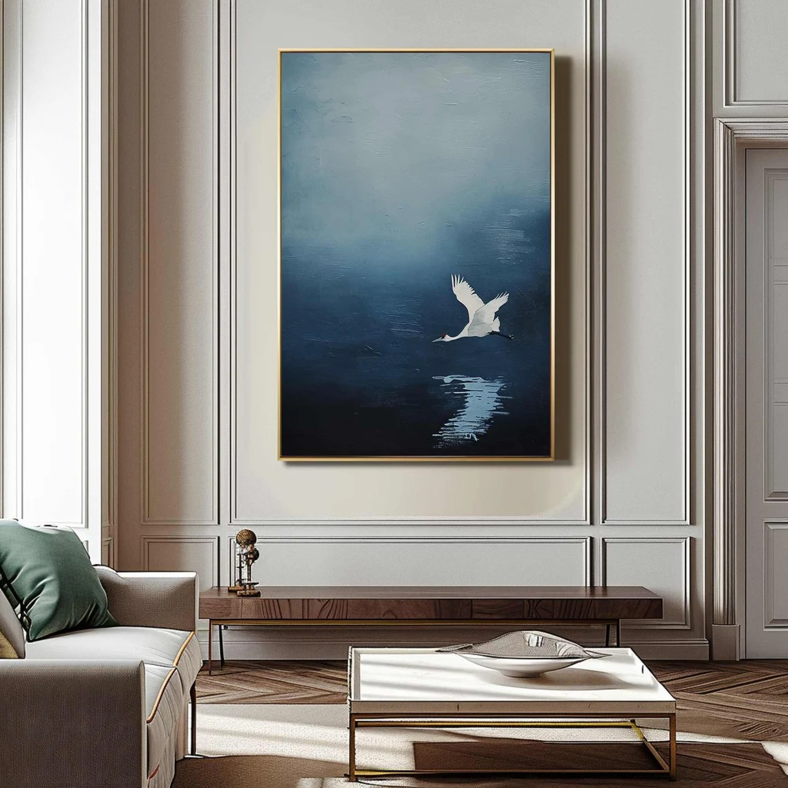 Handmade Blue Abstract Oil Painting with Crane Modern Decor #TC 030