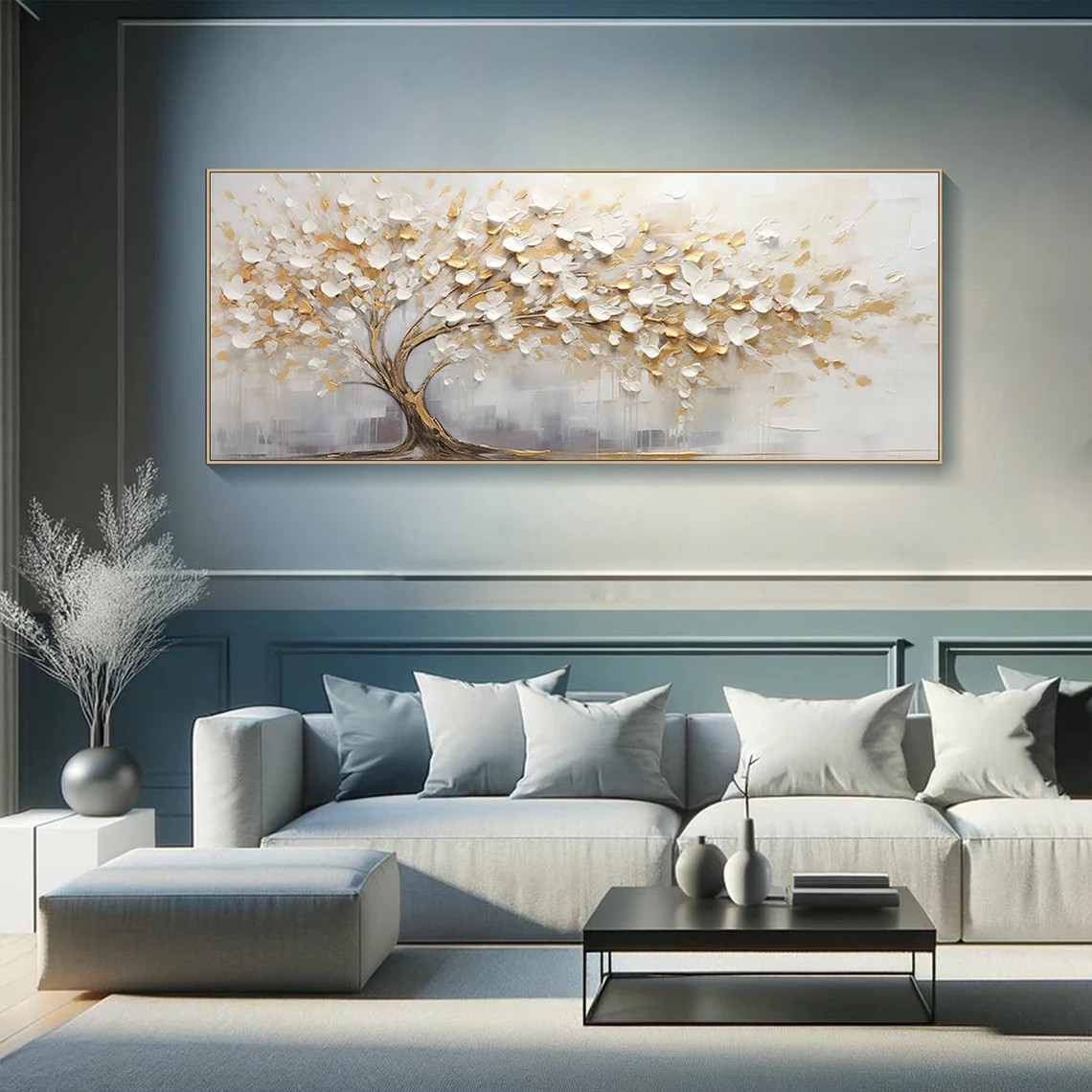 3D Blossom Tree Painting, Handmade White Gold Canvas Artwork #TC 069