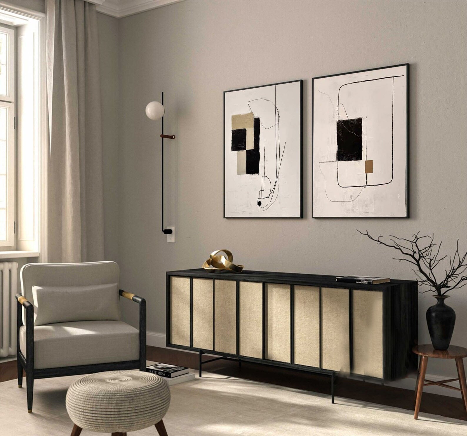Modern Minimalist Abstract Diptych, Beige Black Khaki Geo #TB 083