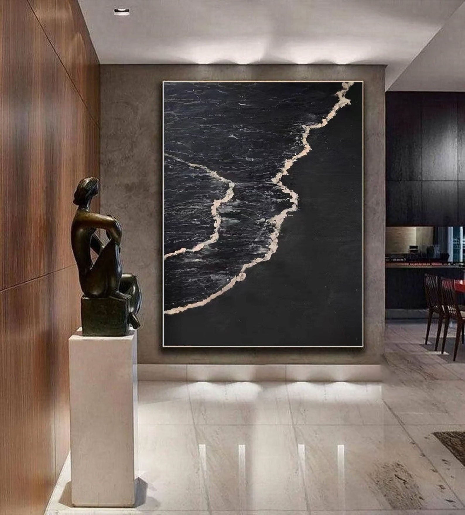 Handmade Oil Painting - Modern Abstract Black and White Wave Wall Art #TB 035