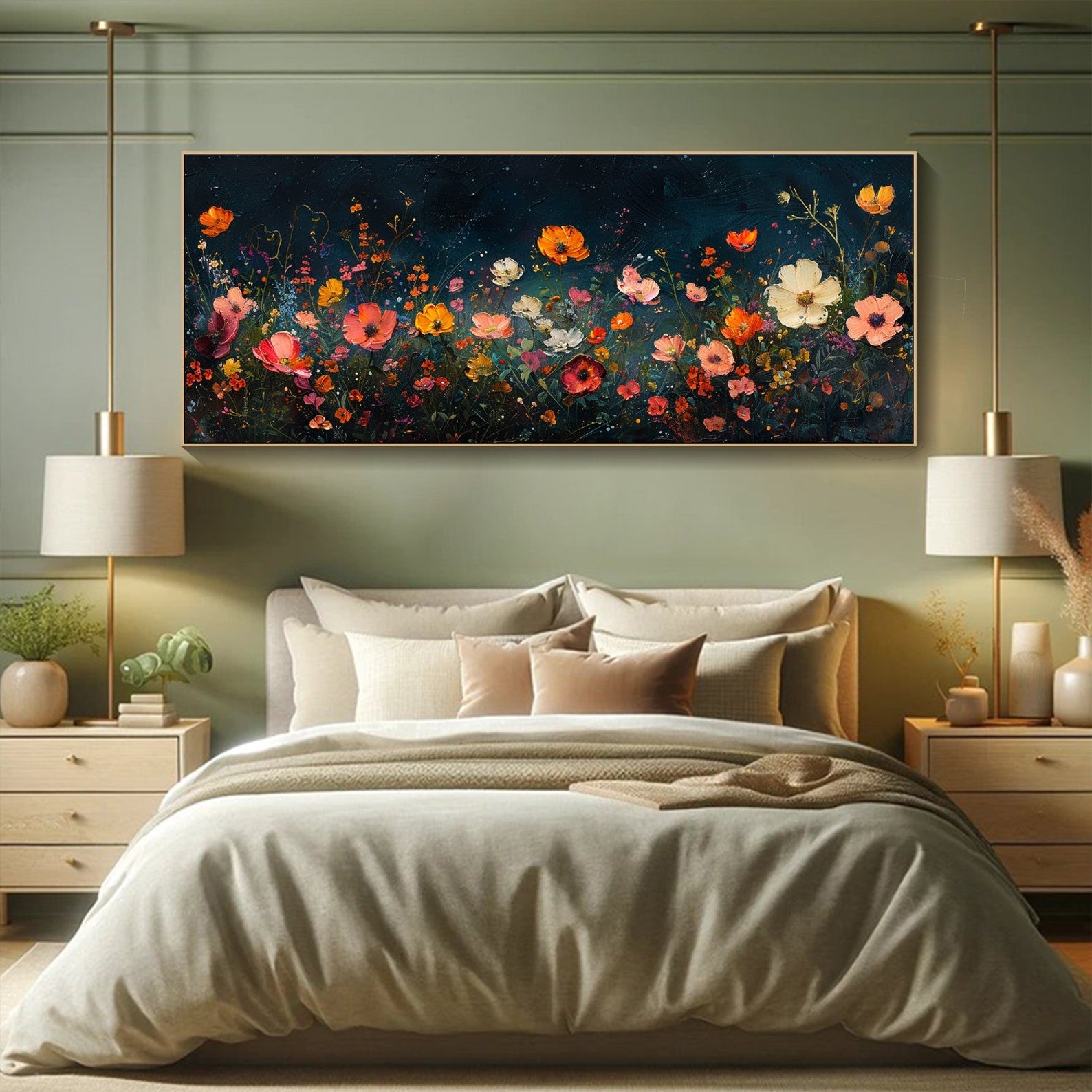 Dark Background Abstract Floral Oil Painting, Modern Romantic #TB 068