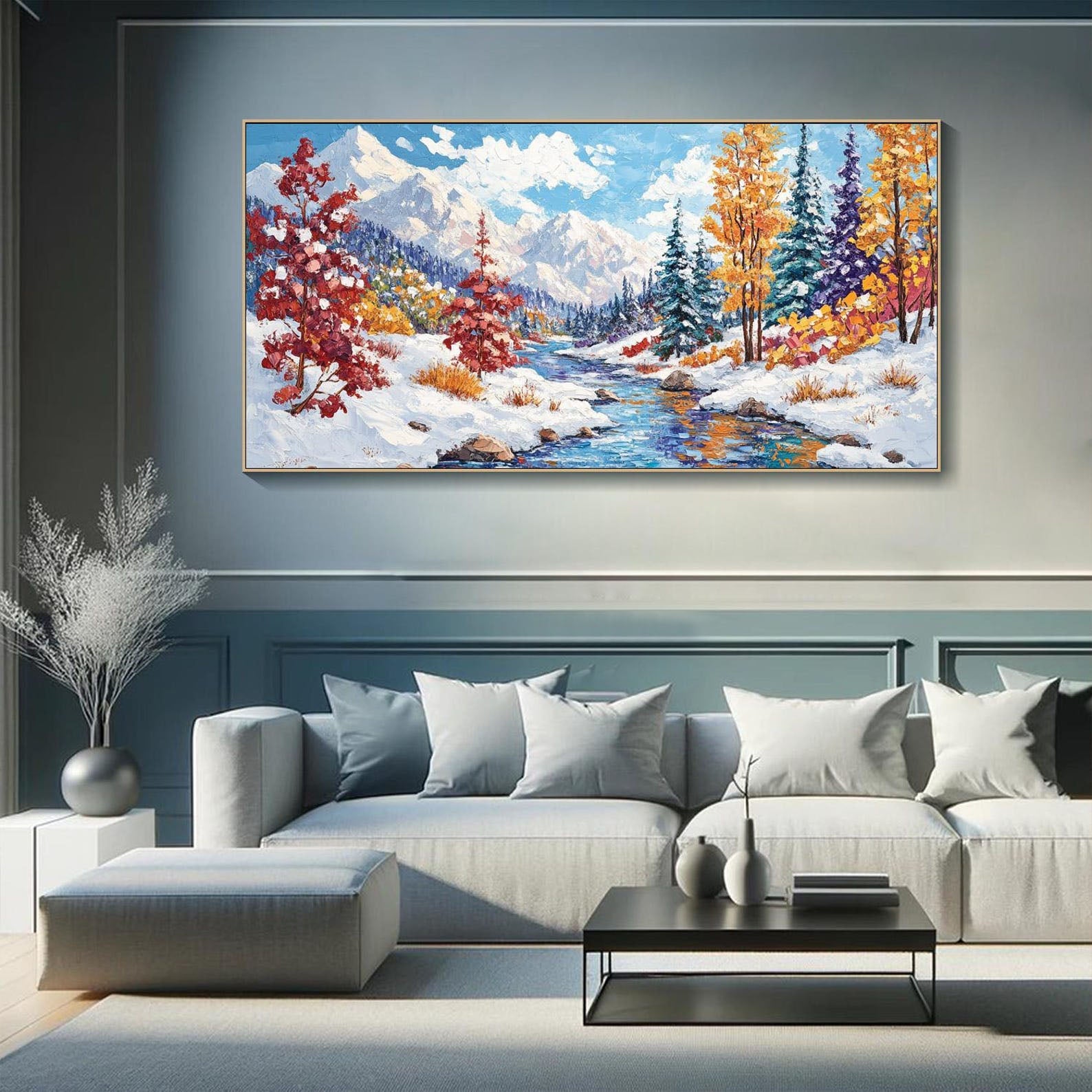 Colorful Winter Scenery Wall Art | Original Mountain & Forest Oil Painting #TB 087