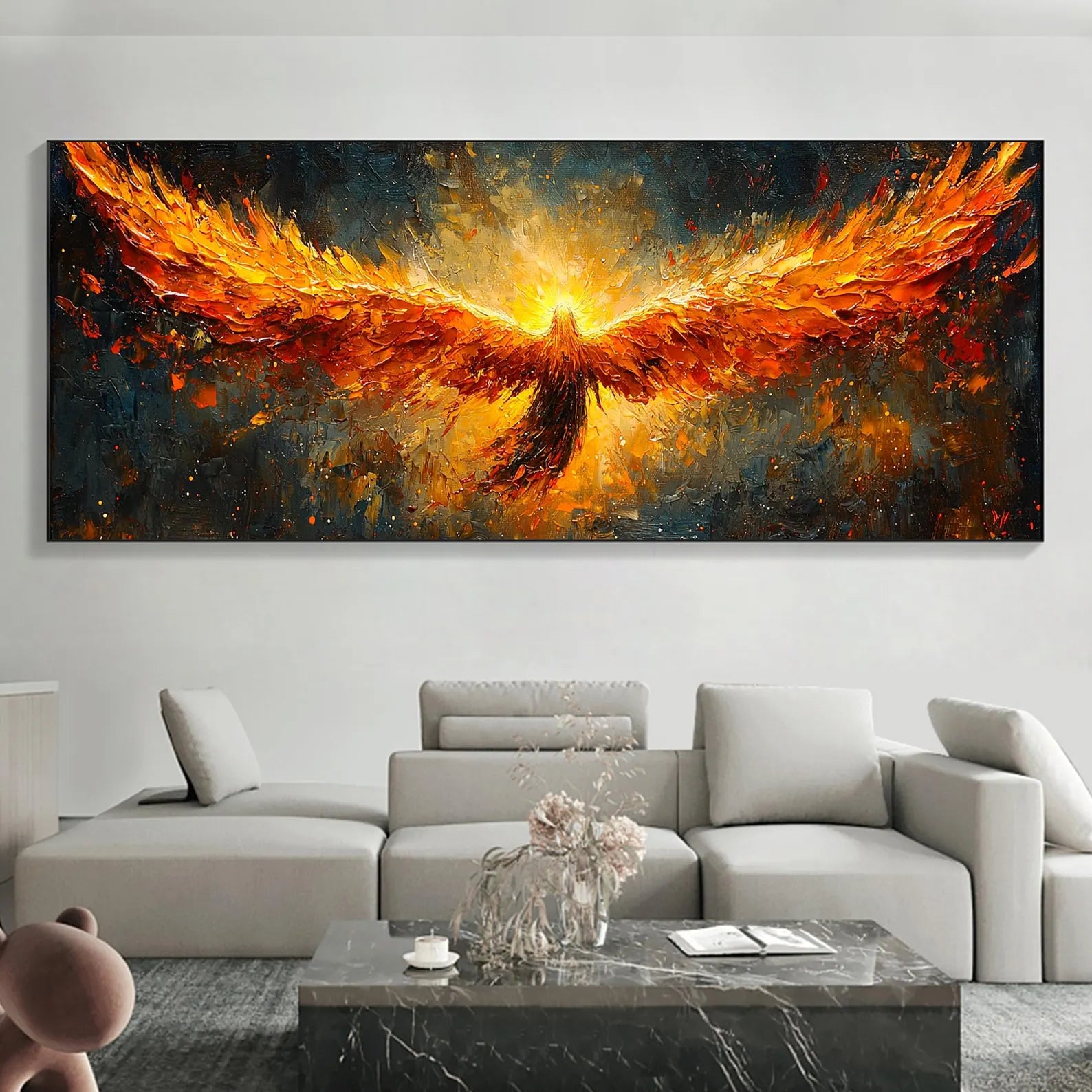 Textured Phoenix Rising Oil Painting | Large Fiery Wall Art Decor #ZZ 007