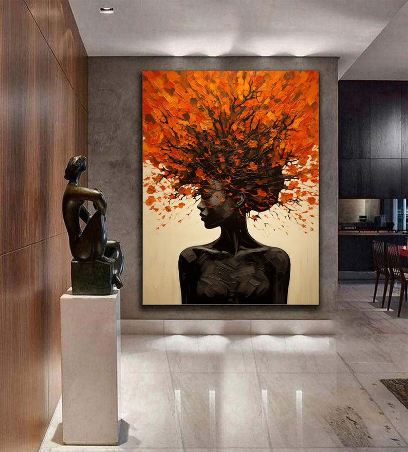 Orange Brown Explosive Hair Abstract Portrait Painting, Modern Art Wall Art #TB 044