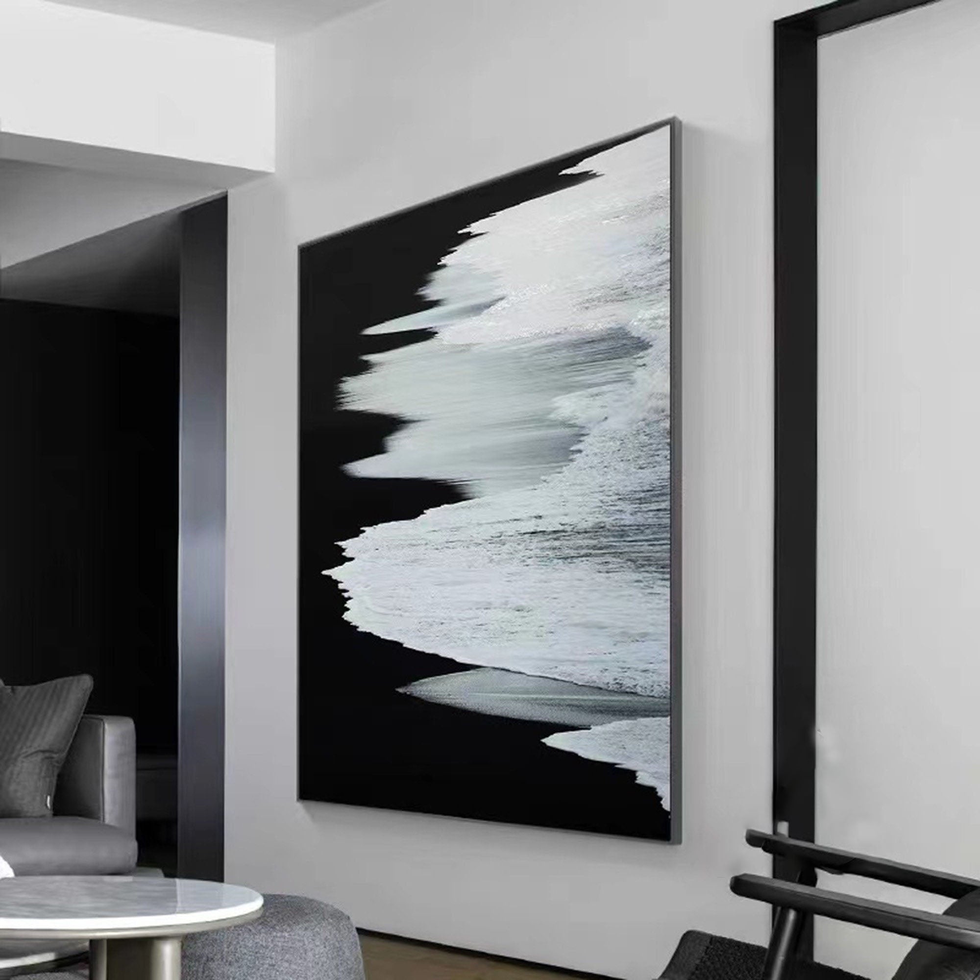 Black & White Abstract Coastline Oil Painting #TB 029