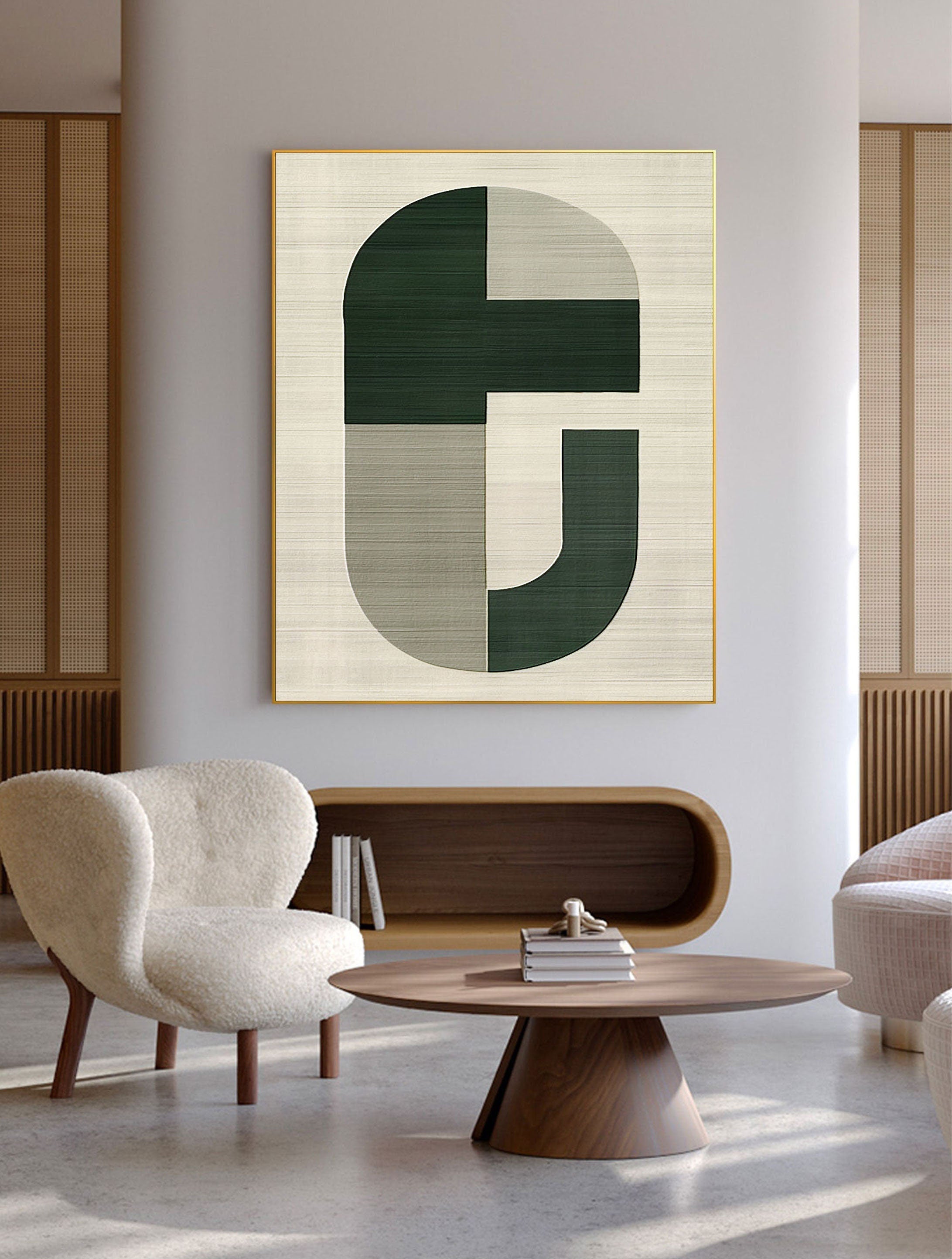 Minimalist Geometric Art | Modern Green & Beige Painting #ZZ 009