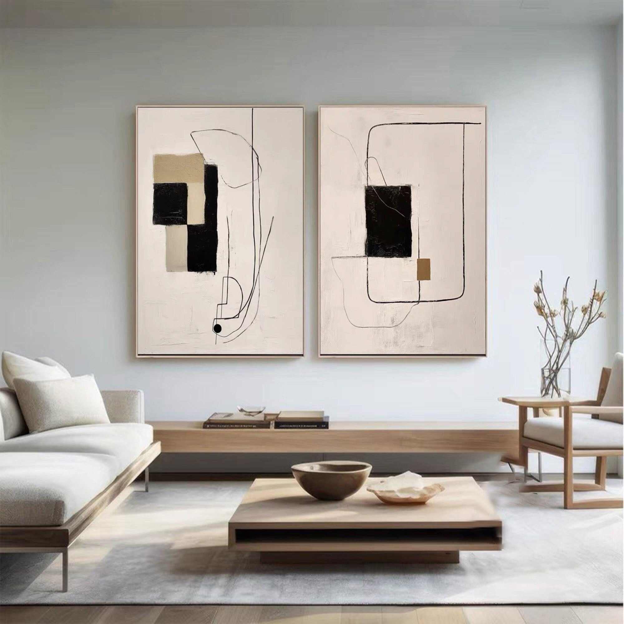 Modern Minimalist Abstract Diptych, Beige Black Khaki Geo #TB 083