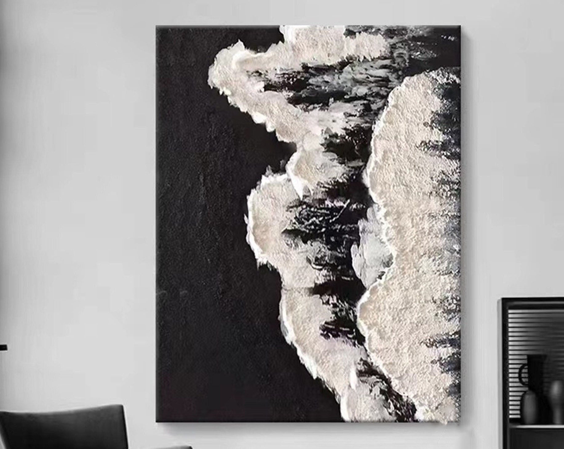 Minimalist Handmade Oil Painting - Black and White Abstract Art #TB 034