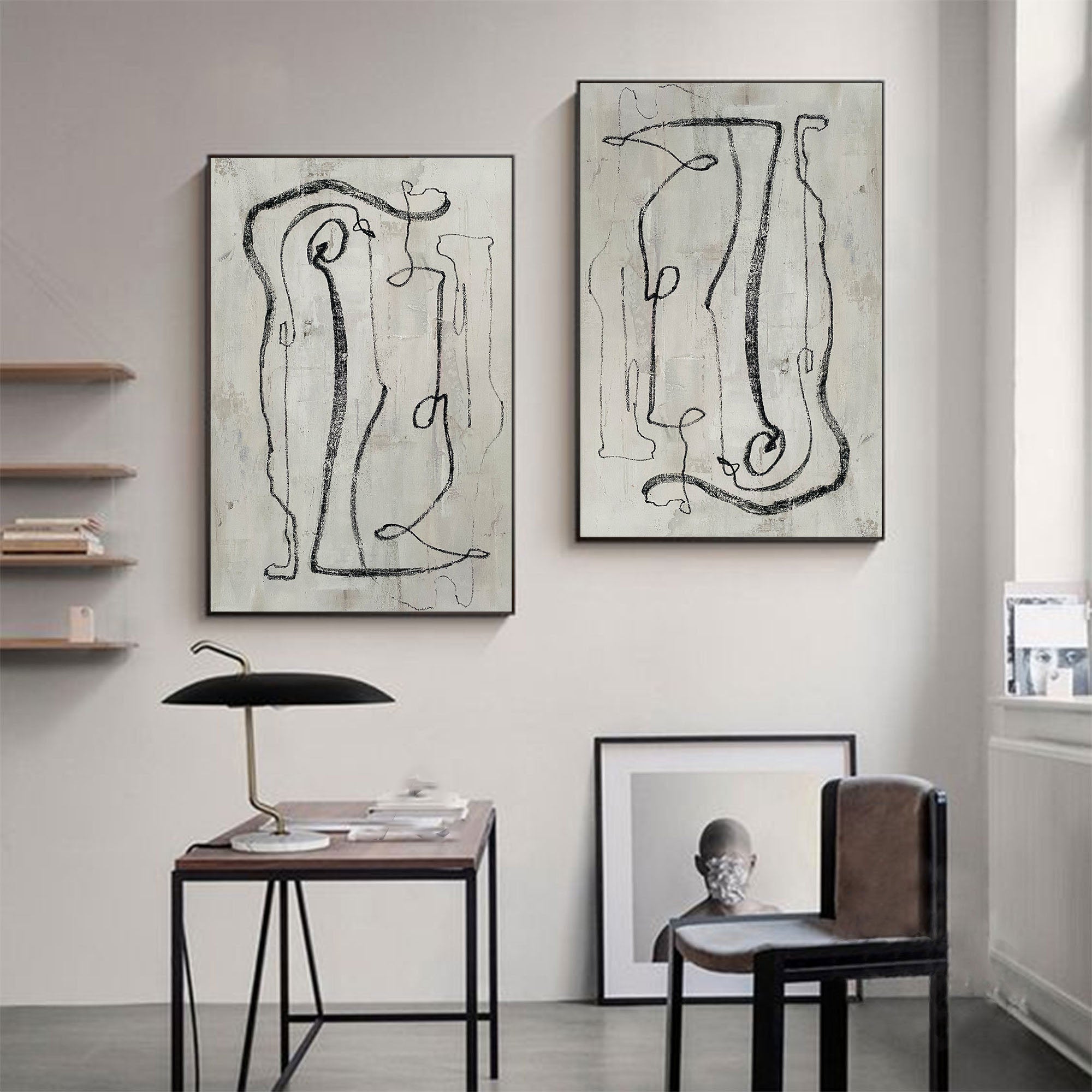 Modern Minimalist Abstract Diptych, Bold Black Lines #TB 085