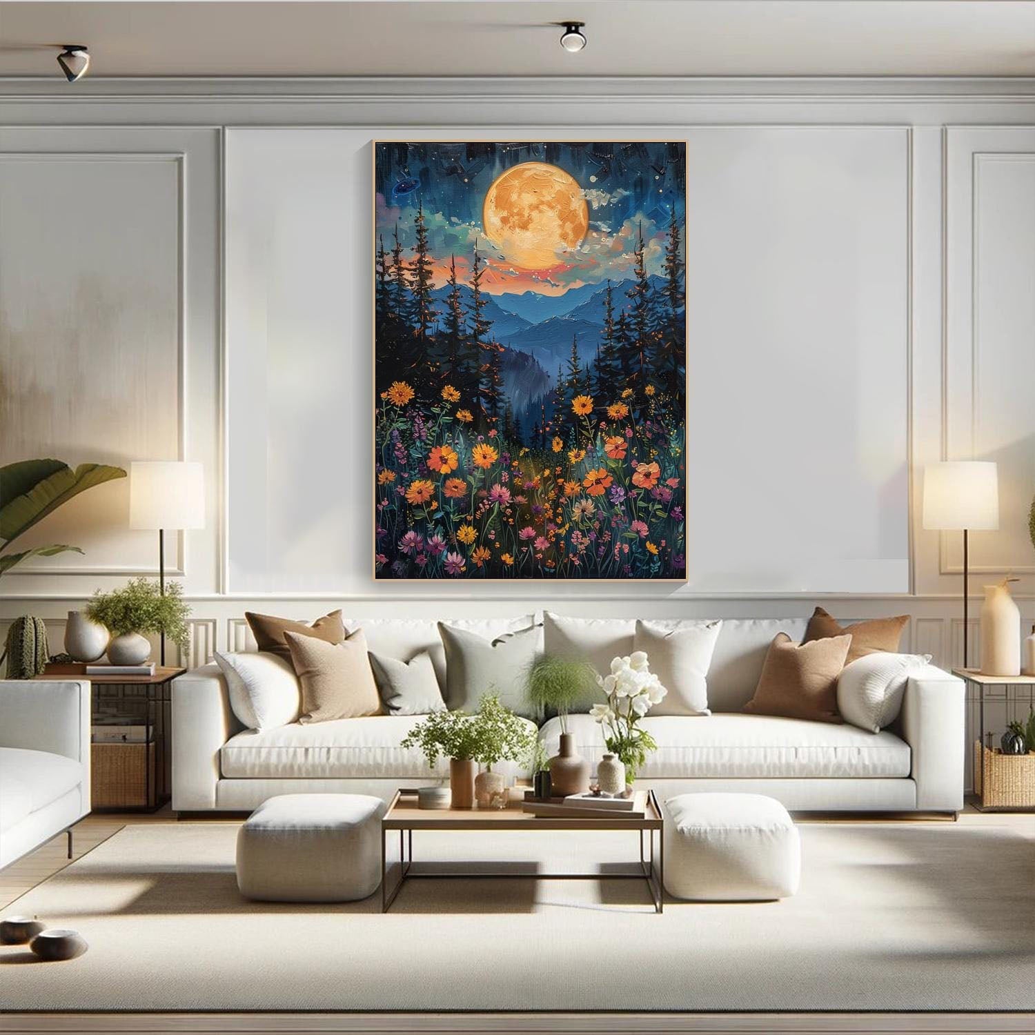 Moonlight Forest Abstract Oil Painting, Modern Dreamy Night #TB 073