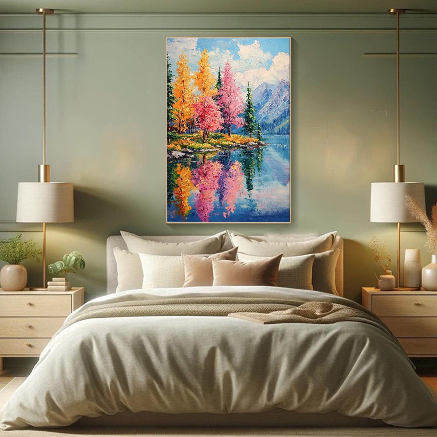 Autumn Lake Oil Painting - Colorful Forest Reflection Art #TC 008