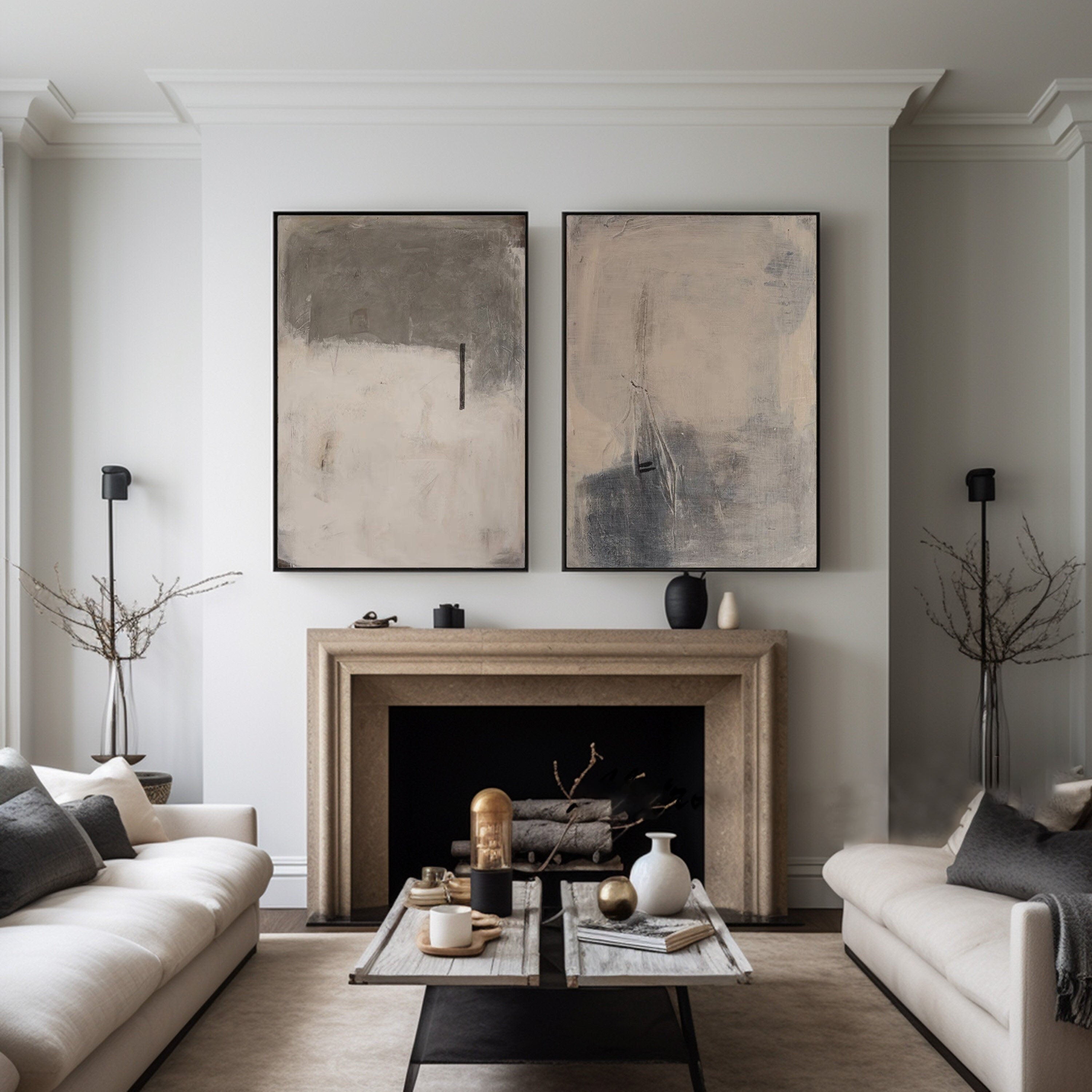 Modern Minimalist Abstract Diptych, Beige Gray Texture #TB 084