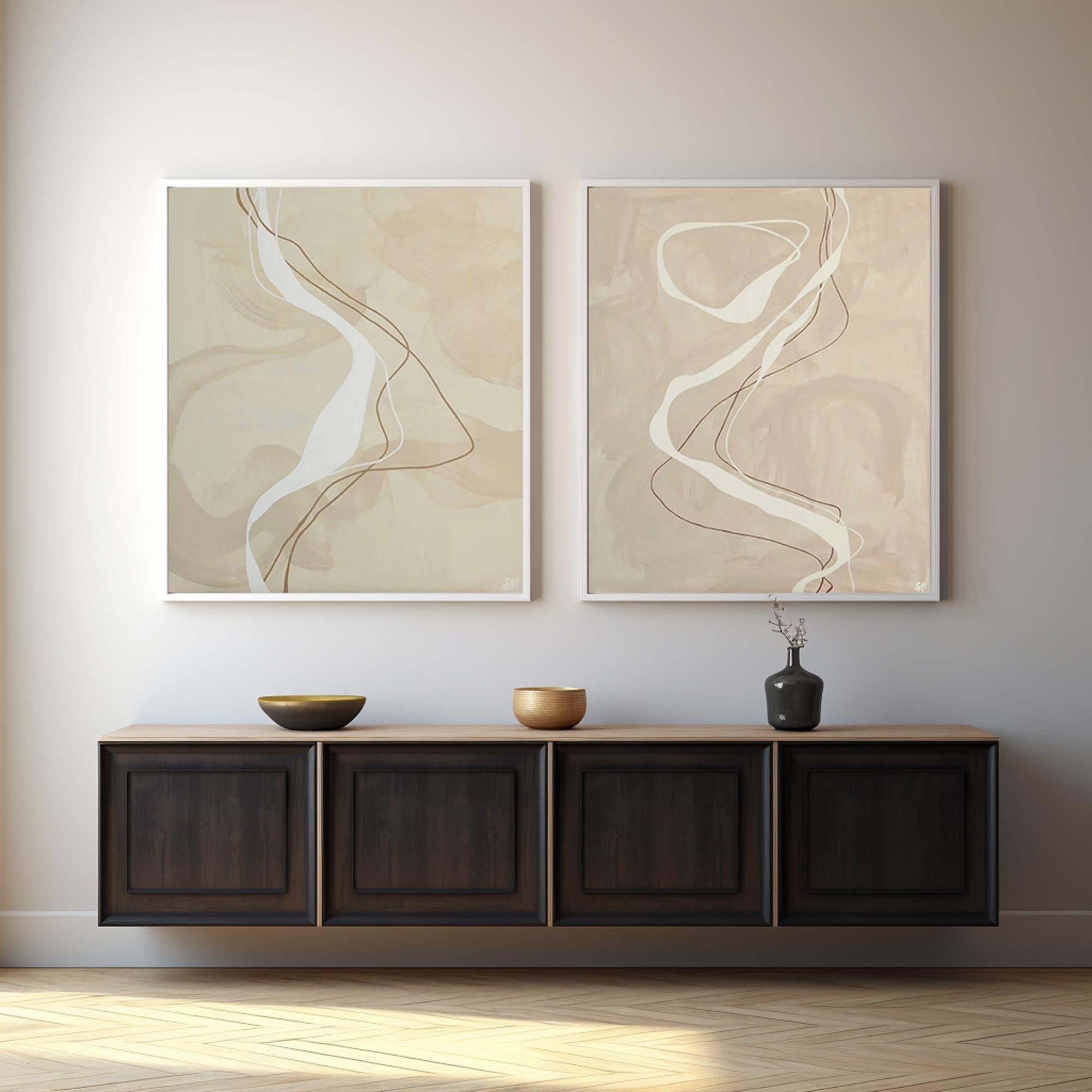 Modern Minimalist Abstract Line Art, Beige Elegant Diptych #TB 056