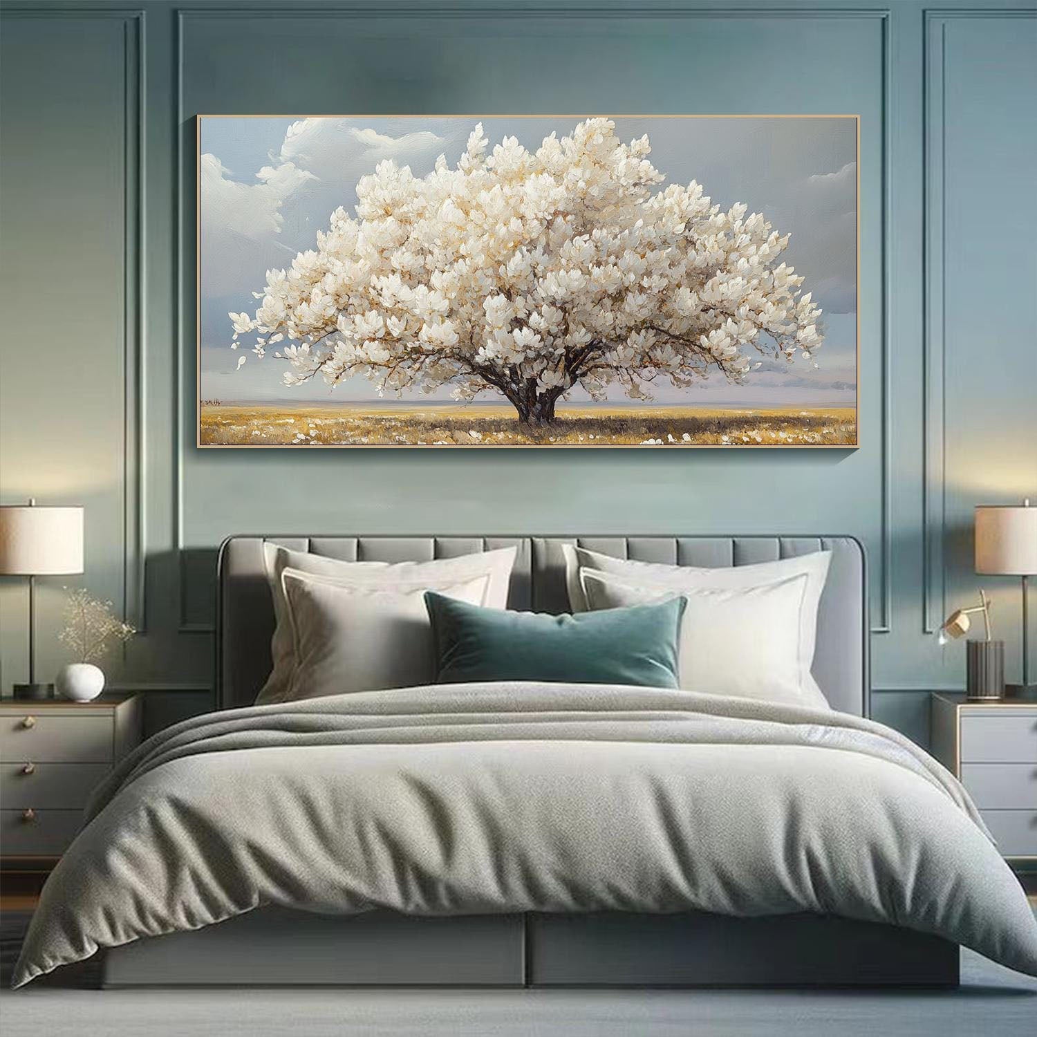 Modern White Blossom Tree Painting, Serene Countryside #TB 079