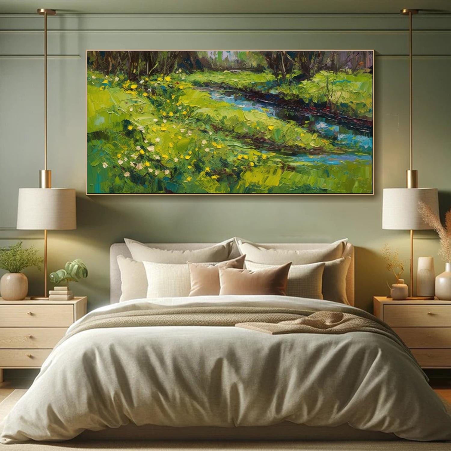 Buy Large Landscape Oil Painting | Vibrant Green Field & River Wall Art #TB 088