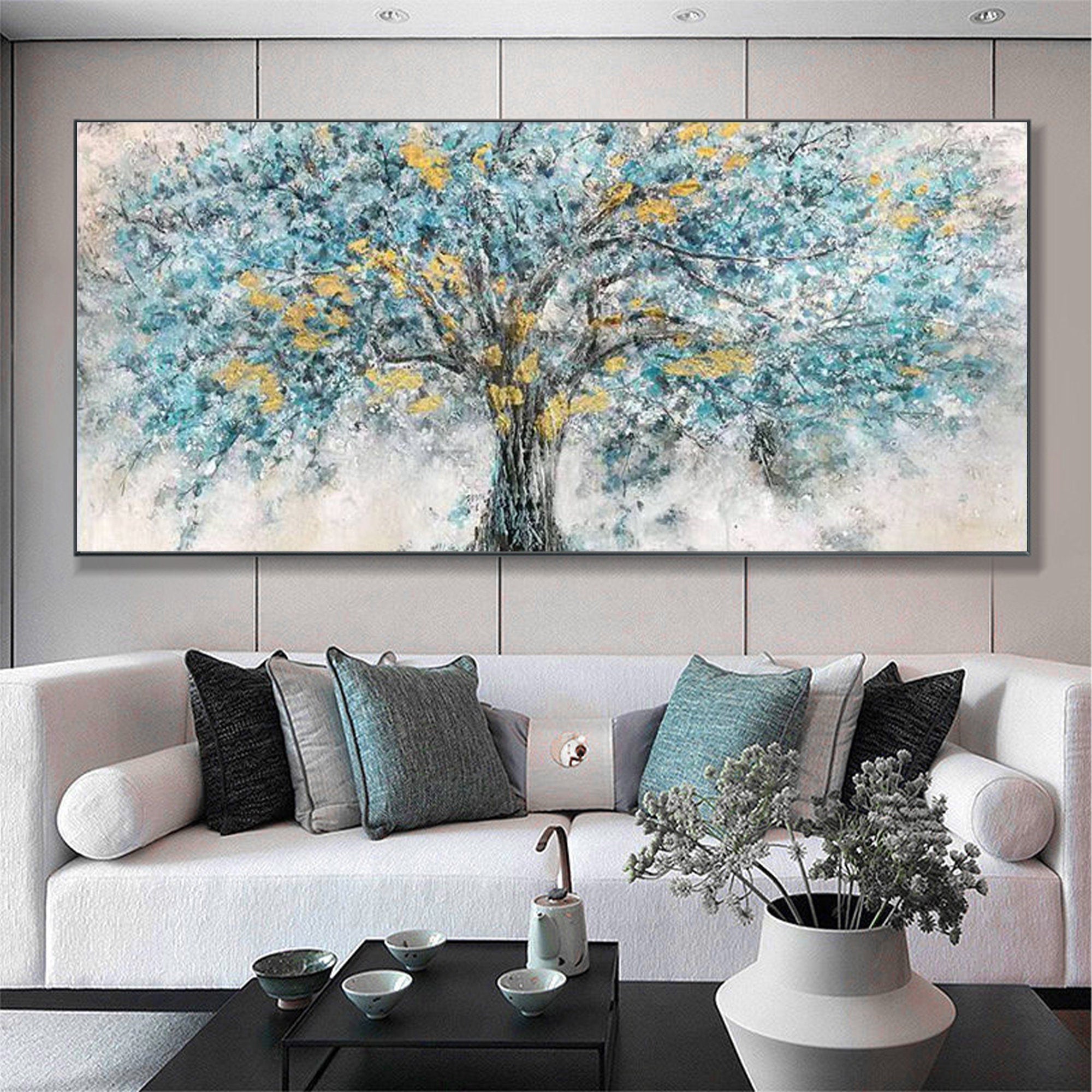 Large Teal & Gold Tree Wall Art | Horizontal Abstract Canvas Painting #ZZ 103