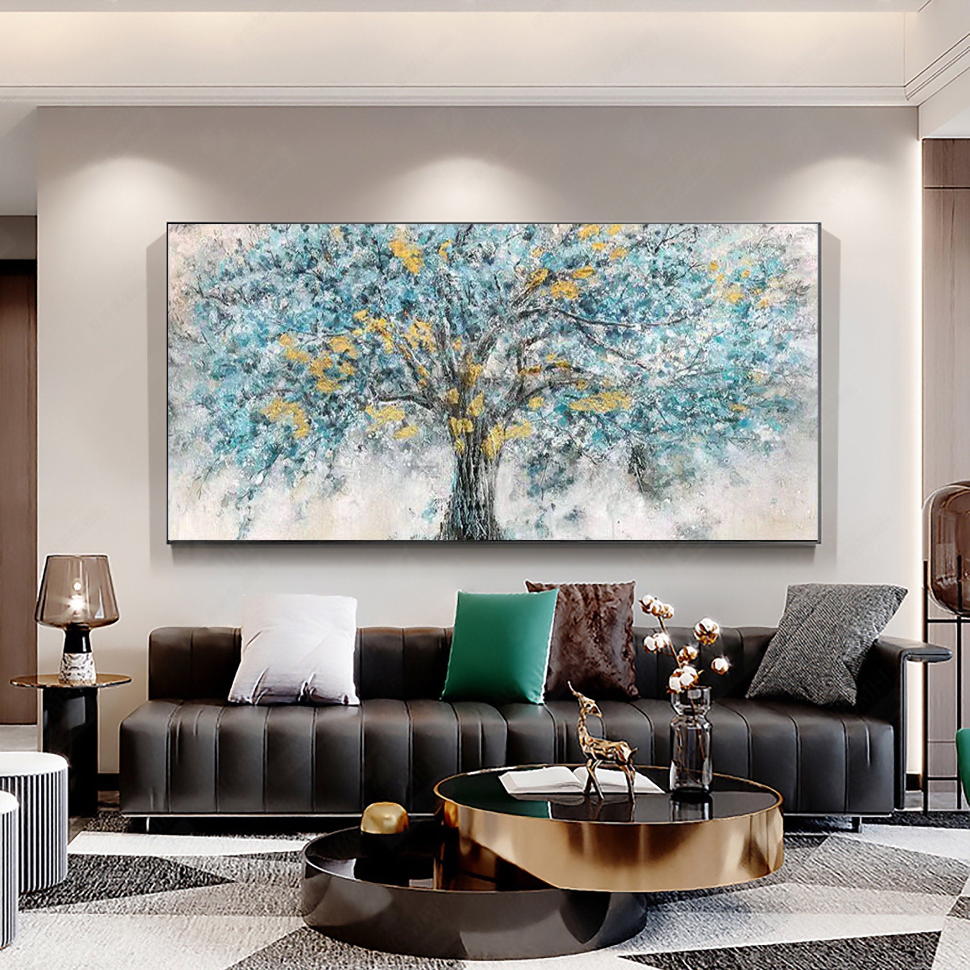 Large Teal & Gold Tree Wall Art | Horizontal Abstract Canvas Painting #ZZ 103