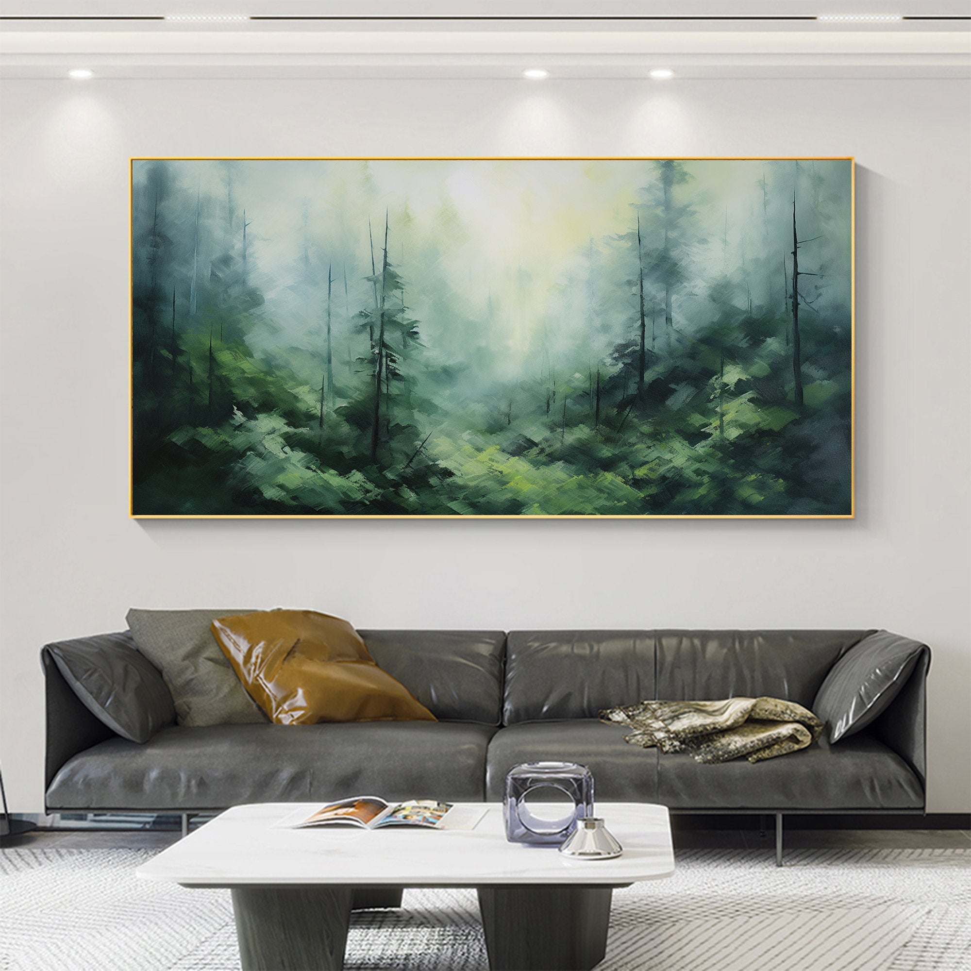 Misty Forest Landscape Wall Art | Large Horizontal Green Canvas Painting #ZZ 097