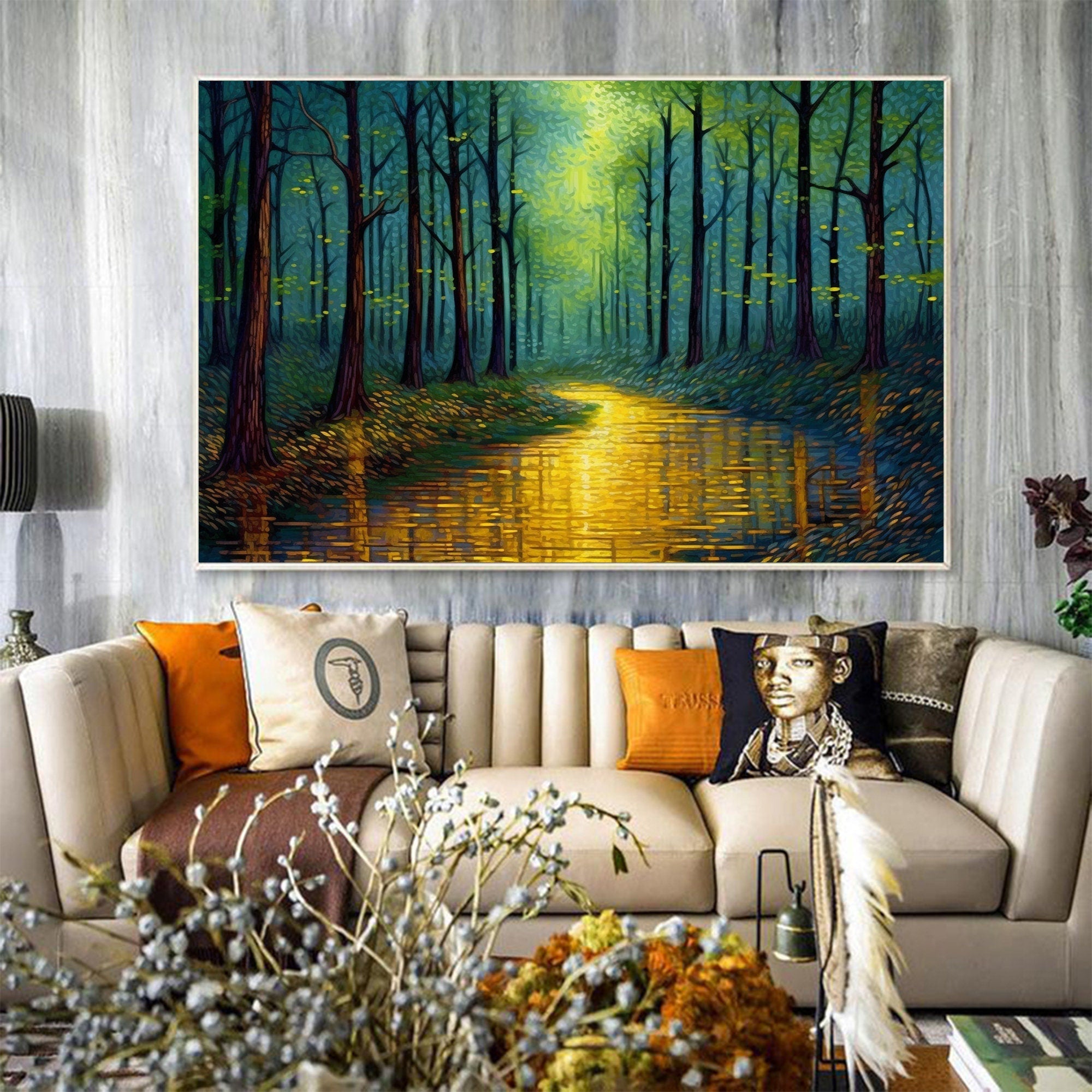 Enchanted Forest Wall Art | Large Landscape Painting with Golden River #ZZ 090