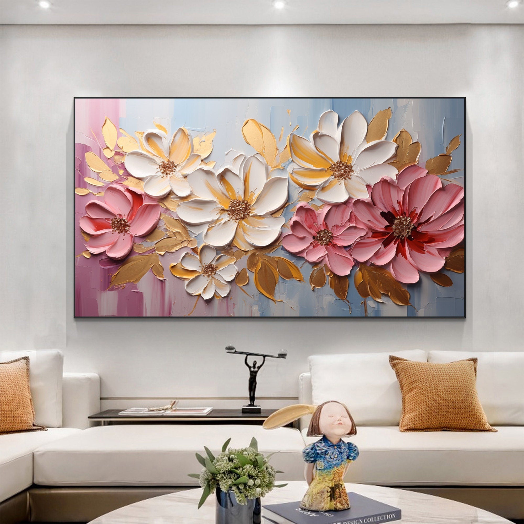 Large Abstract Flower Painting | Textured Pink White Canvas Art Decor #ZZ 181