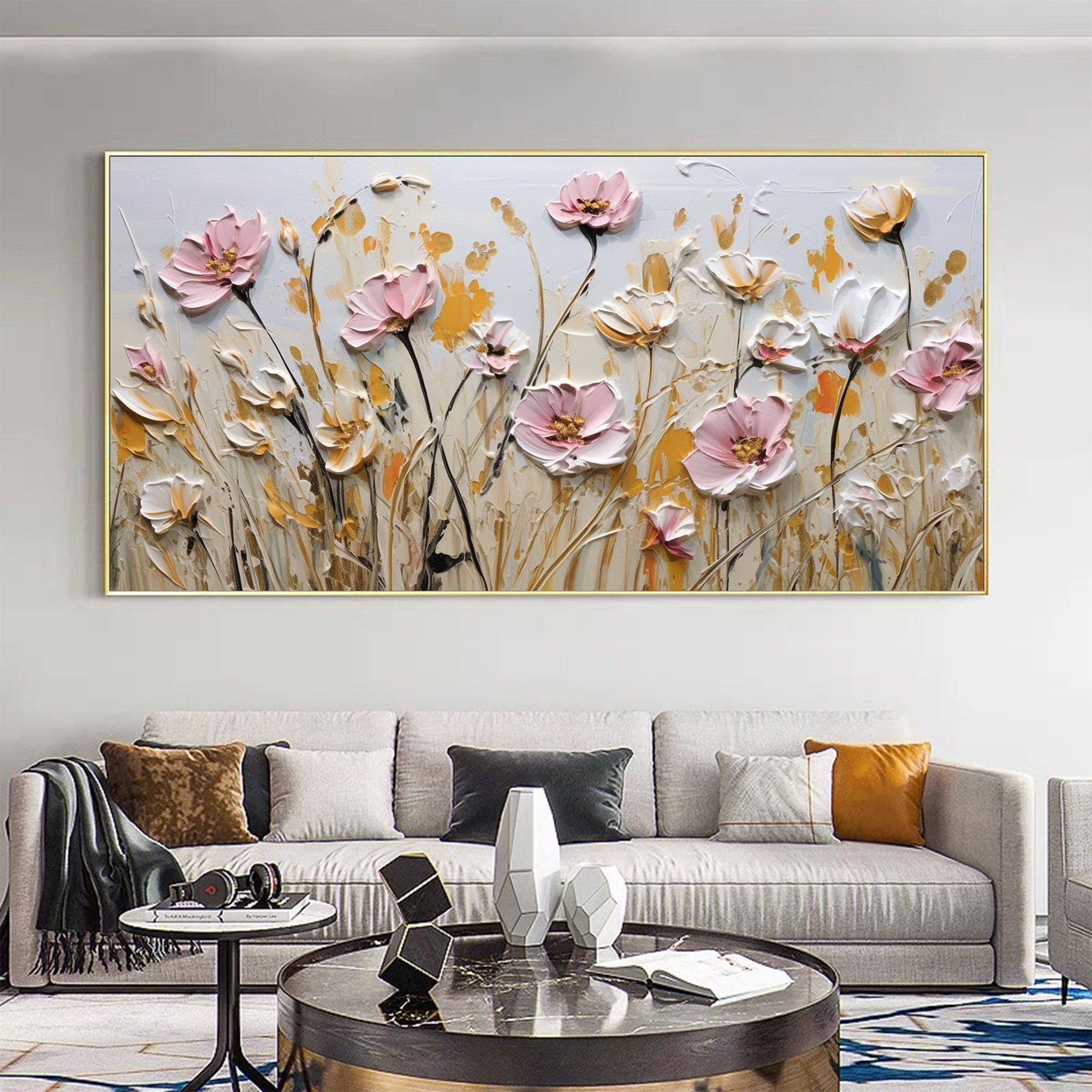 Textured Floral Wall Art | Large Pink White Flowers Canvas Painting #ZZ 180