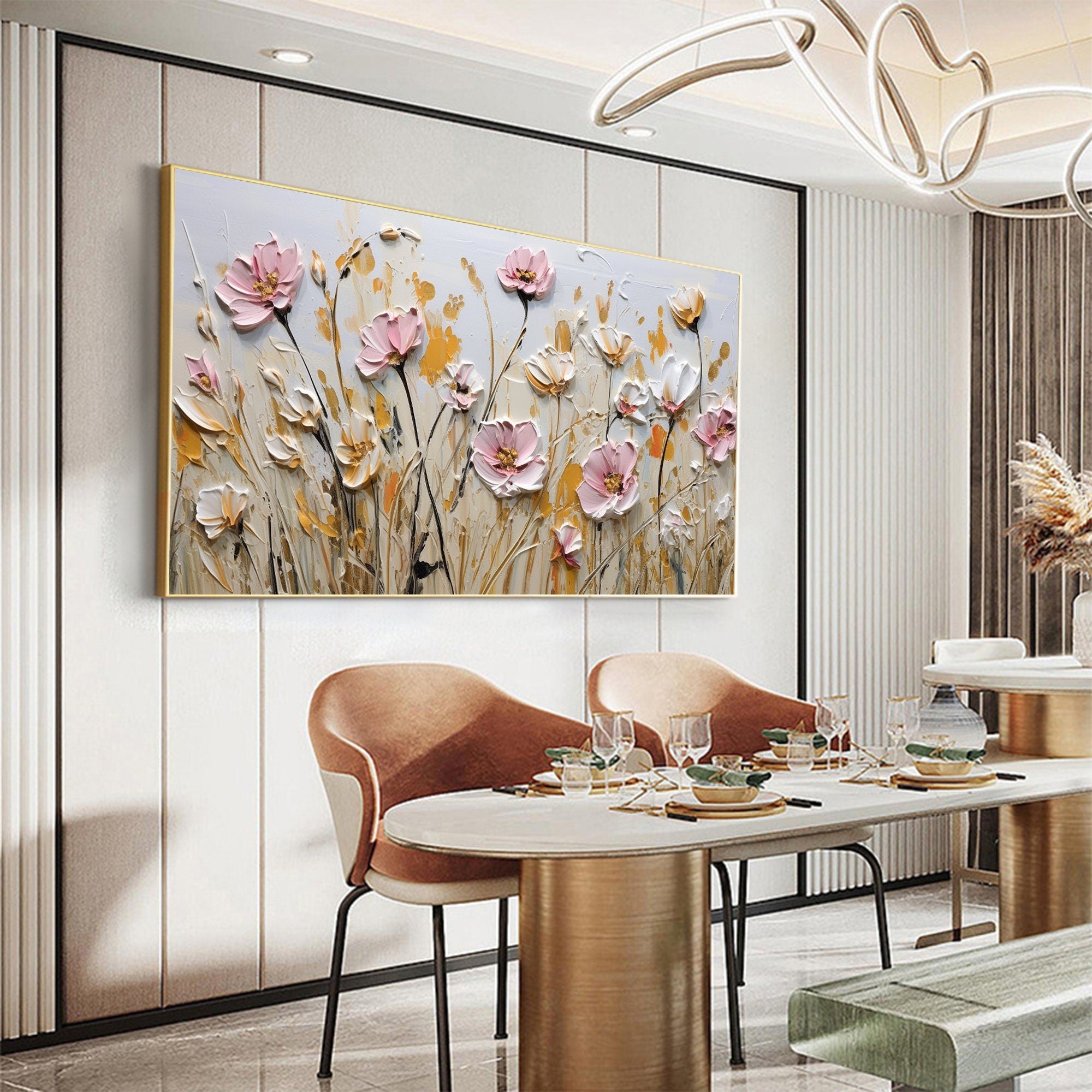 Textured Floral Wall Art | Large Pink White Flowers Canvas Painting #ZZ 180