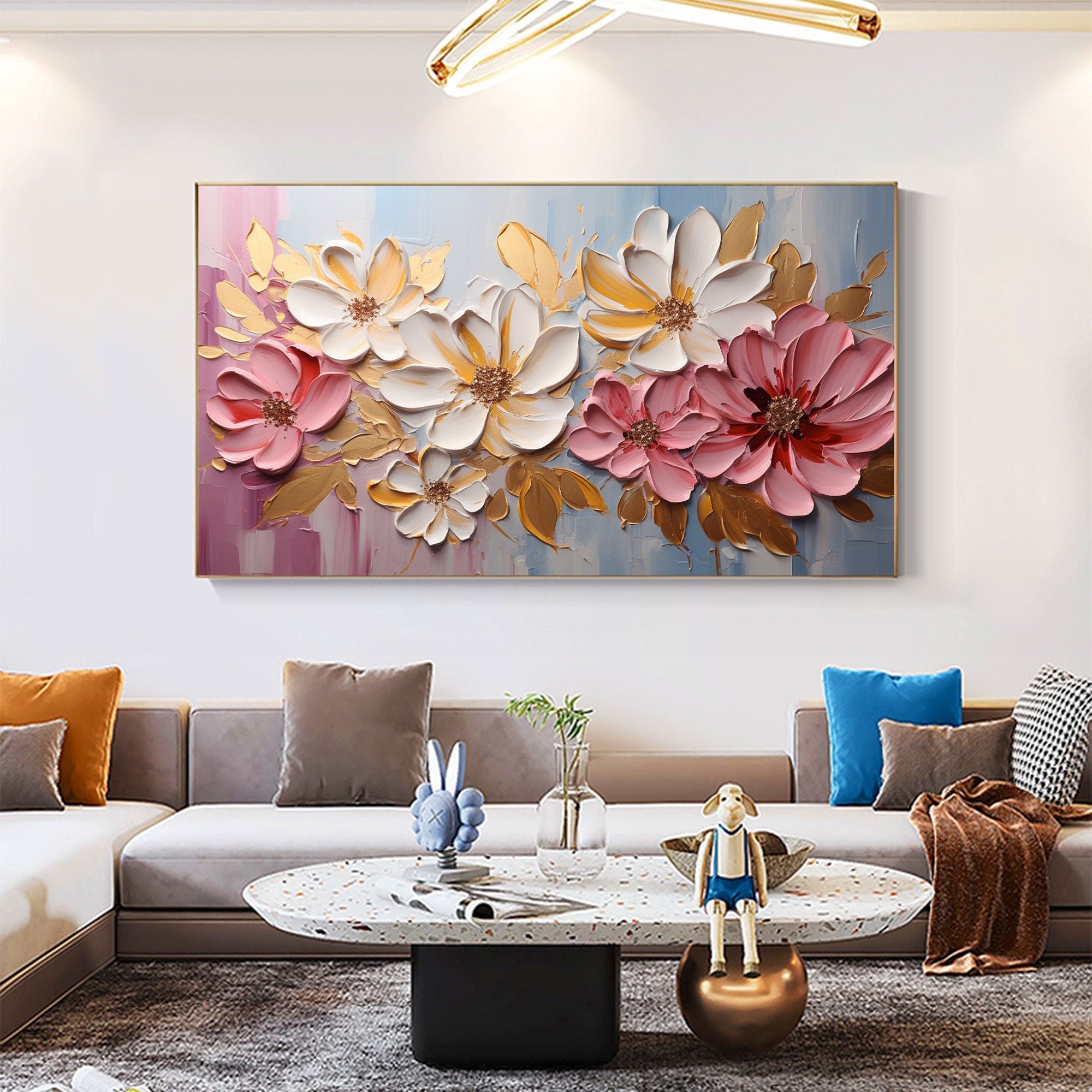 Large Abstract Flower Painting | Textured Pink White Canvas Art Decor #ZZ 181