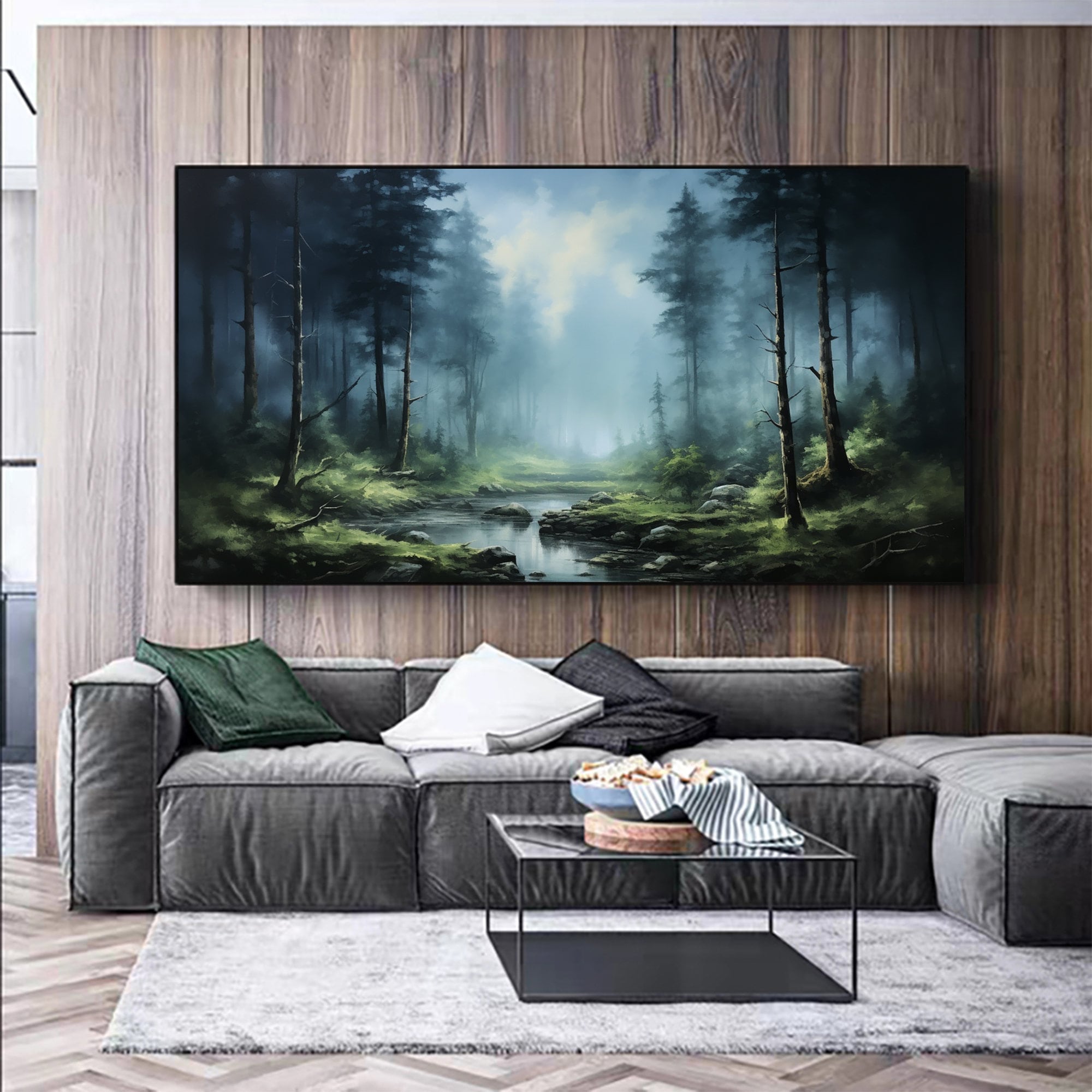 Misty Forest Landscape Wall Art | Large Horizontal Canvas Painting #ZZ 093