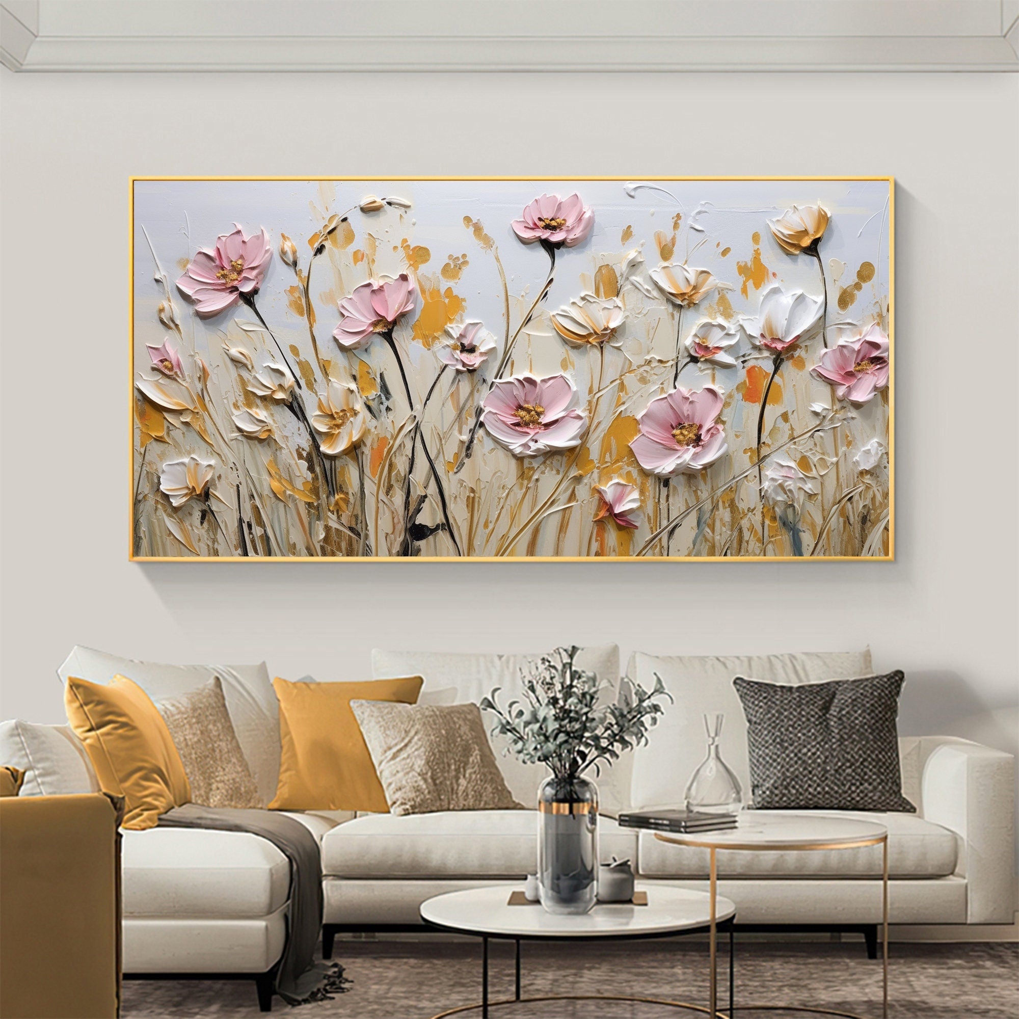 Textured Floral Wall Art | Large Pink White Flowers Canvas Painting #ZZ 180